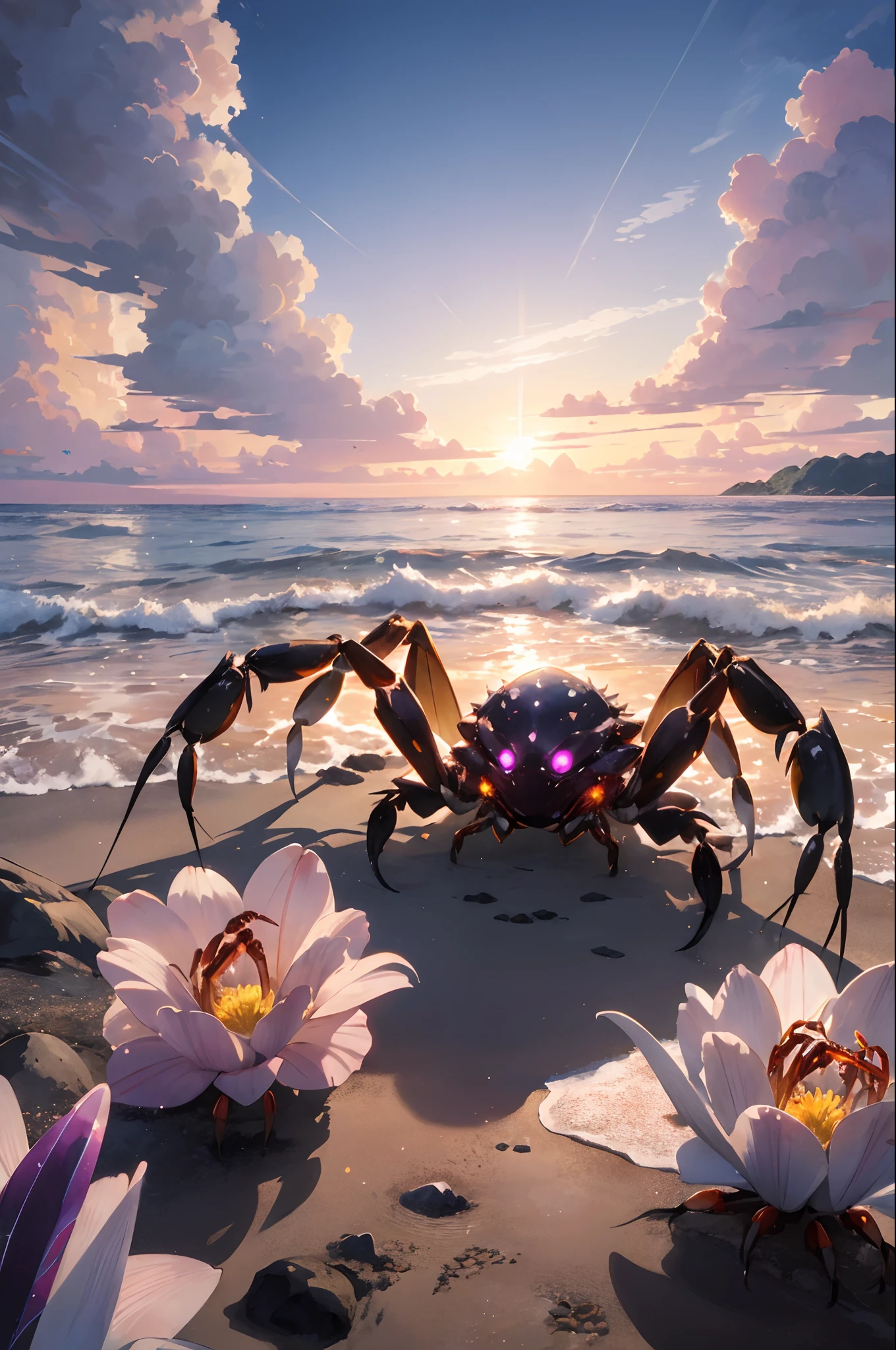 Picture a serene tropical beach at
sunset with golden hues in the sky.
A magnificent crab emerges from the
crystal-clear waters.
The crab has a shimmering, iridescent
shell that reflects all the colors of the
rainbow.
Its pincers are adorned with vibrant
patterns, creating a stunning visual
display.
The transparent exoskeleton
resembles faceted gemstones
refracting light and creating a sparkling
effect.
Tropical flowers in vivid shades of pink
and purple bloom along the shoreline.
A flock of tropical birds takes flight,
their colorful feathers echoing the
brilliance of the crab's shell.
The scene embodies natural beauty
narmonizing vibrant colors, gentle
movements, and ethereal light,