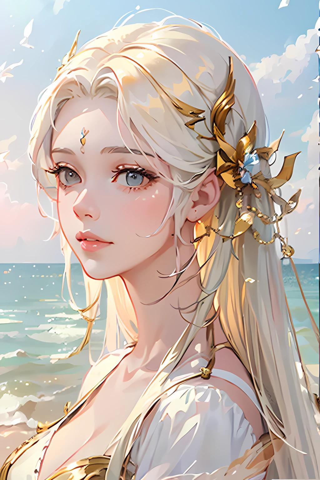 Create a digital portrait of a girl with thick white hair, situated atop a luxurious yacht, gazing out at the breathtaking sea. Capture the serenity of the moment with a warm, golden sunlight bathing the scene. The artwork should have a dreamy, almost ethereal quality, blending realistic features with a touch of magic. Use soft pastel colors with pops of vibrant blues and gold to bring out the beauty of the setting. Ensure the digital painting is of the highest quality, with exceptional attention to detail, and make it lifelike.