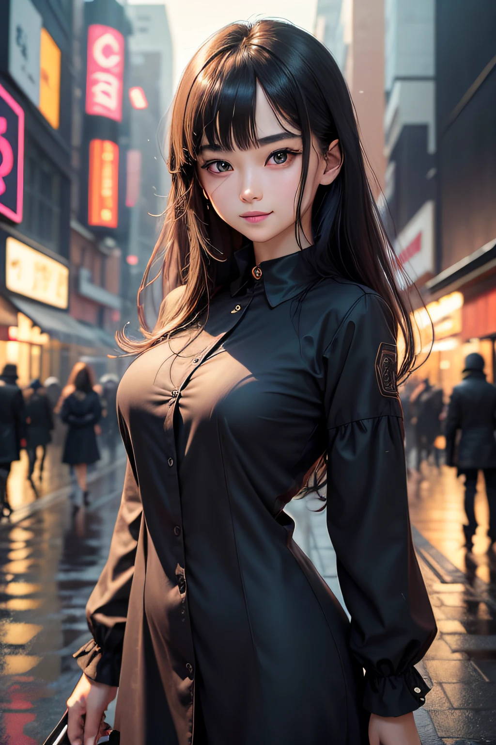 masterpiece, 1 beautiful girl, detailed eyes, puffy eyes, best quality, ultra high definition, (reality: 1.4), original photo, 1Girl, cinematic lighting, smile, Japan, asian beauty, korean, neat atmosphere, super beautiful, little young face, beautiful skin, slender, cyberpunk background, (ultra realistic), (high resolution), (8k), (very detailed), (best illustration) , (beautiful and detailed eyes), (super detailed), (wallpaper), (detailed face), look at the viewer, fine details, detailed face, pureerosfaceace_v1, smile, 46-point diagonal bangs, facing straight ahead, neat clothes, black colored eyes, hair wet in the rain, clothes (fashionable plain folding collar irregular shirt feeling dress), body facing forward,beautiful bust