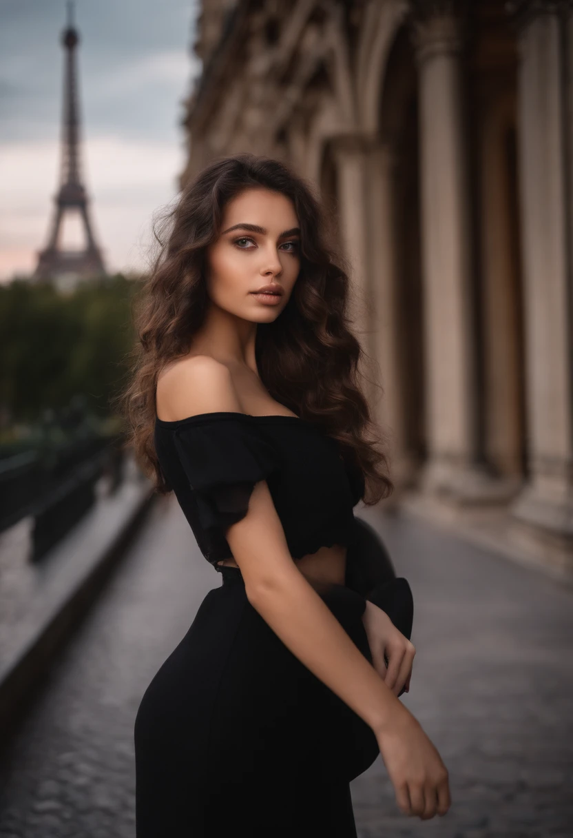 Femme latino et suédoise, Fille sexy aux yeux bleus, ultra realistic, meticulously detailed, Portrait de Sophie Mudd, cheveux bruns et grands yeux, selfie d'une jeune femme, Fond de Venise, suite noire, avec du maquillage, Maquillage naturel, regarder directement la caméra , visage avec artgram, maquillage subtil, Superbe photo de tout le corps debout, Dans la pièce, Medium to large bust, en robe noire, walking around Paris