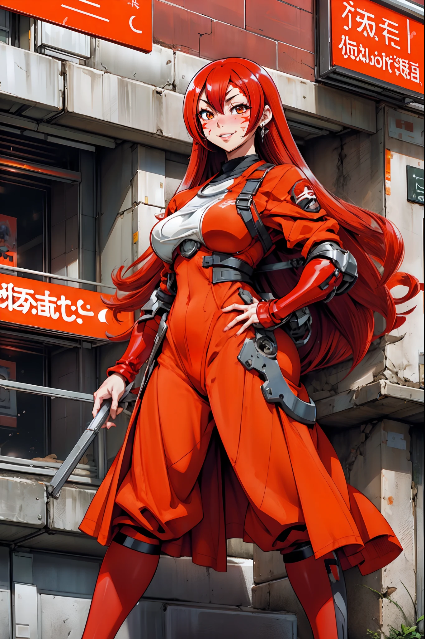 lava, red hair, orange eyes, prisoner cloths, medium breast, smile, facial mark, long hair, standing solo, full body