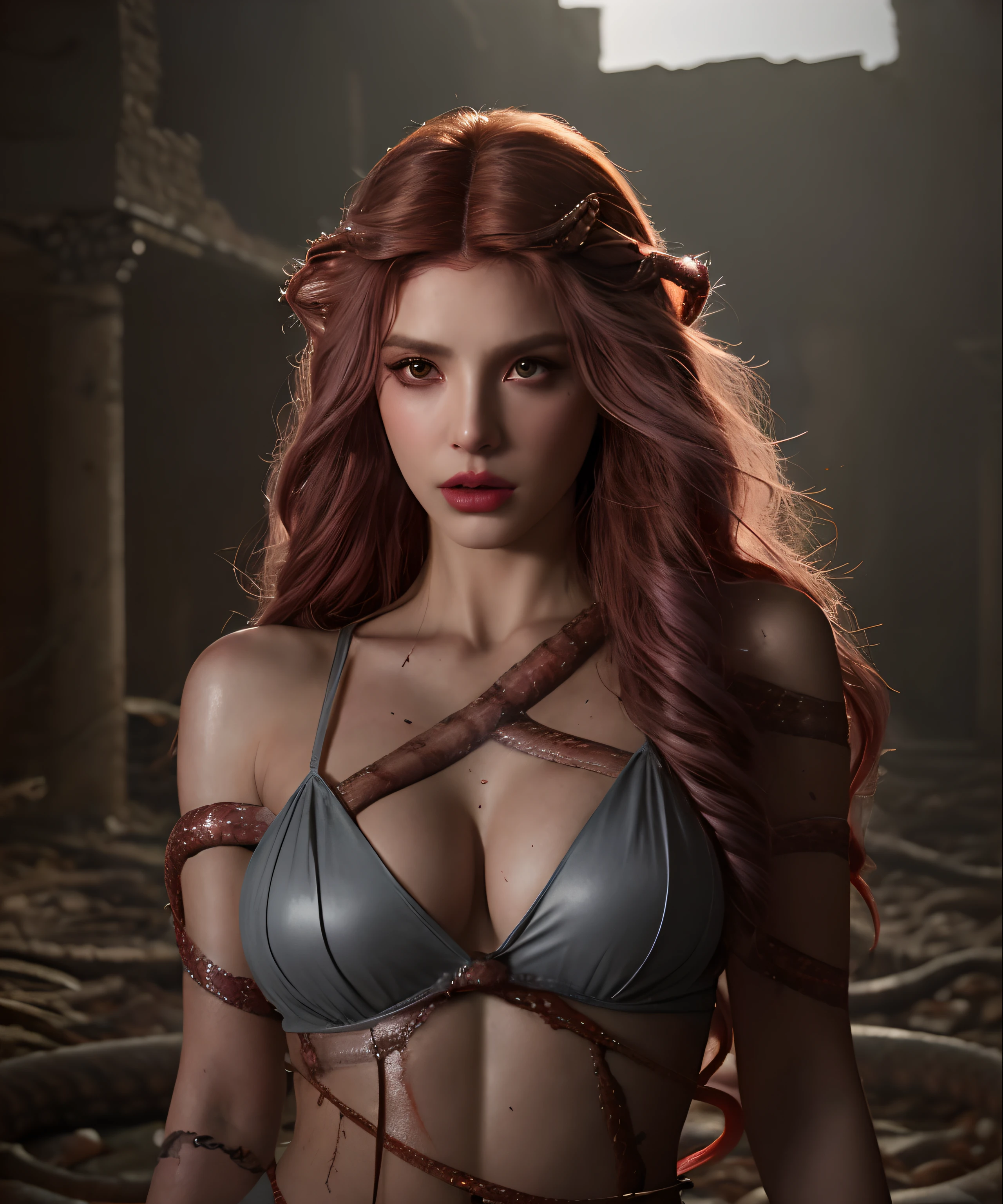 80mm, Lightroom, foto profissional de ((Medusa)) Walking through a ruin with blood on your body ((Snakes sticking out of your head instead of hair)), Wojtek FUS, Cosplay realista, deviantart artstation cgscosiety, arte conceitual ultra realista, amouranth as a super villain, angry expression, Cassdawnlvl1, (hiperdetalhado), 8K HDR, alto detalhamento, muitos detalhes, alta qualidade, soft Cinematic Light, Grey Slate, Cinematic colors, brilhante, hot lightning