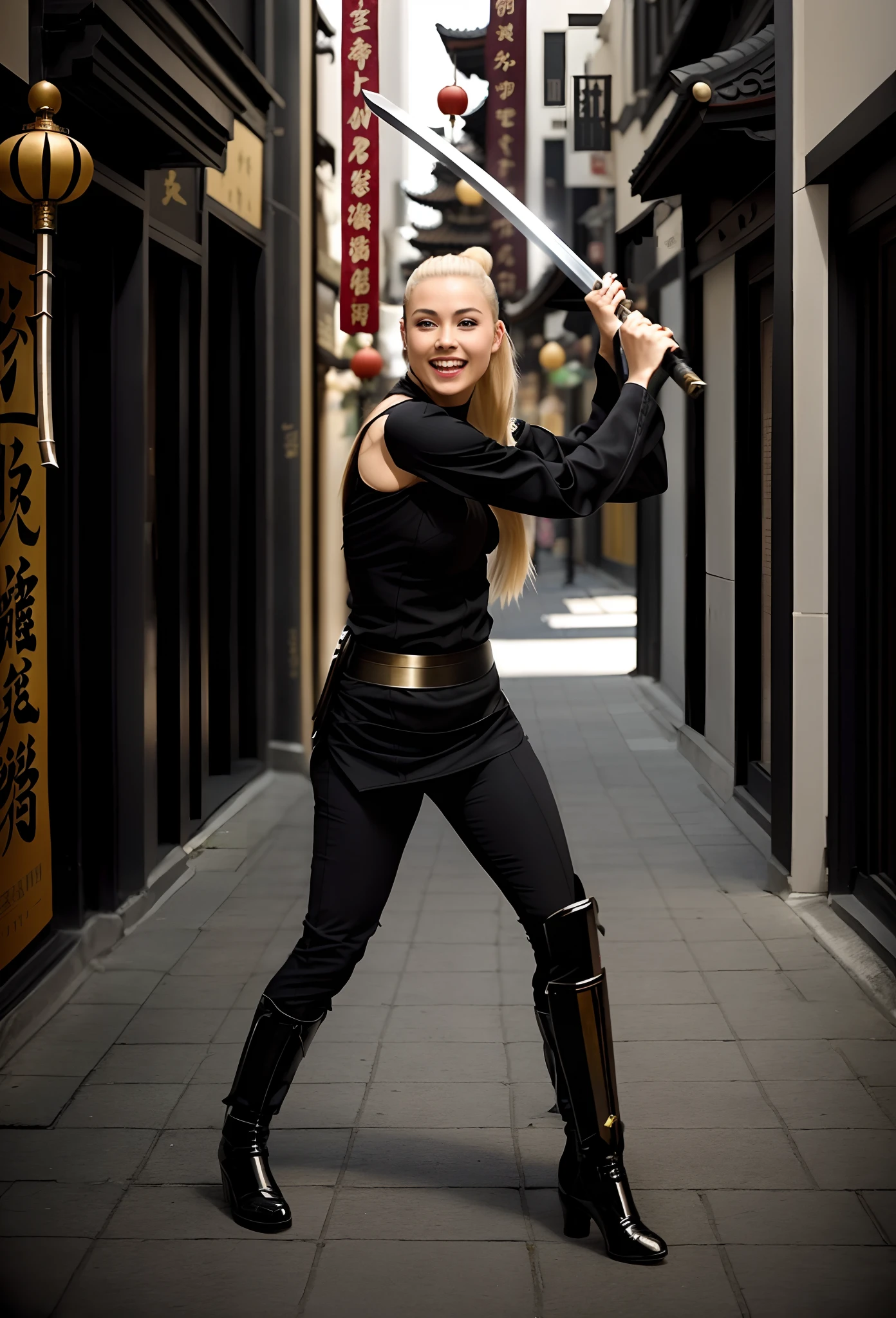 woman in black outfit holding a sword and smiling, dramatic wielding katana pose, dramatic wielding sword pose, posing with a sword, she is holding a katana sword, powerful aggressive sword stance, with large sword, practising her sword staces, unsheathing her katana, she is holding a sword, threatening pose, long sword in her hand, blonde hair, Chinatown street backdrop