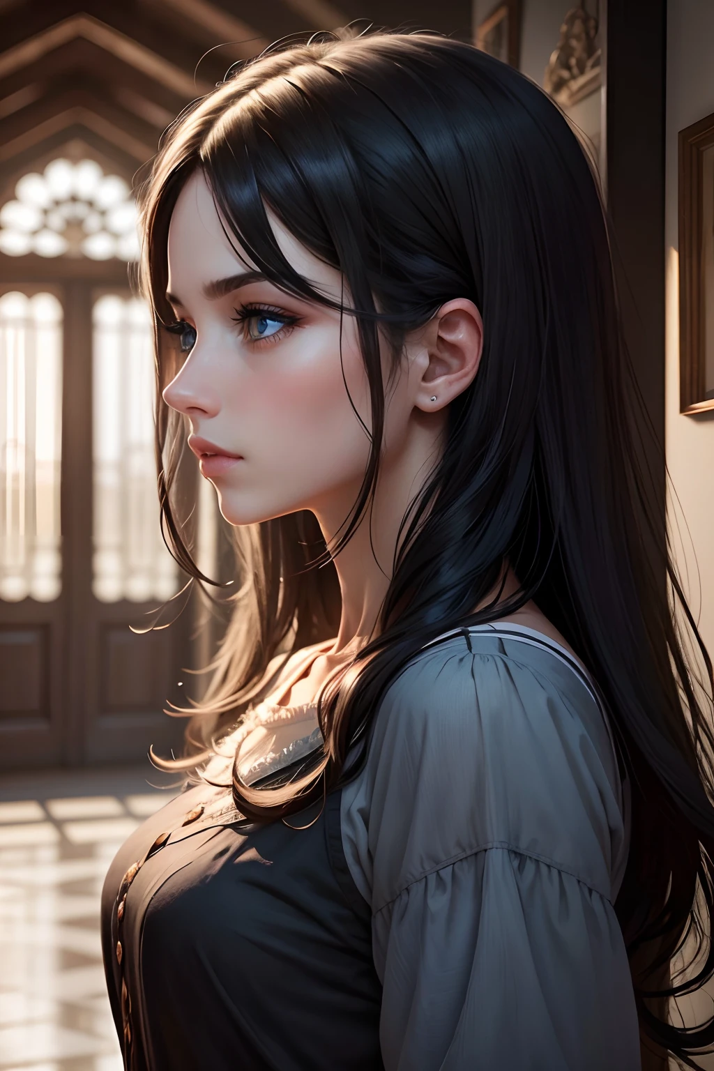 best quality, masterpiece, black hair, blue eyes, profile, upper body