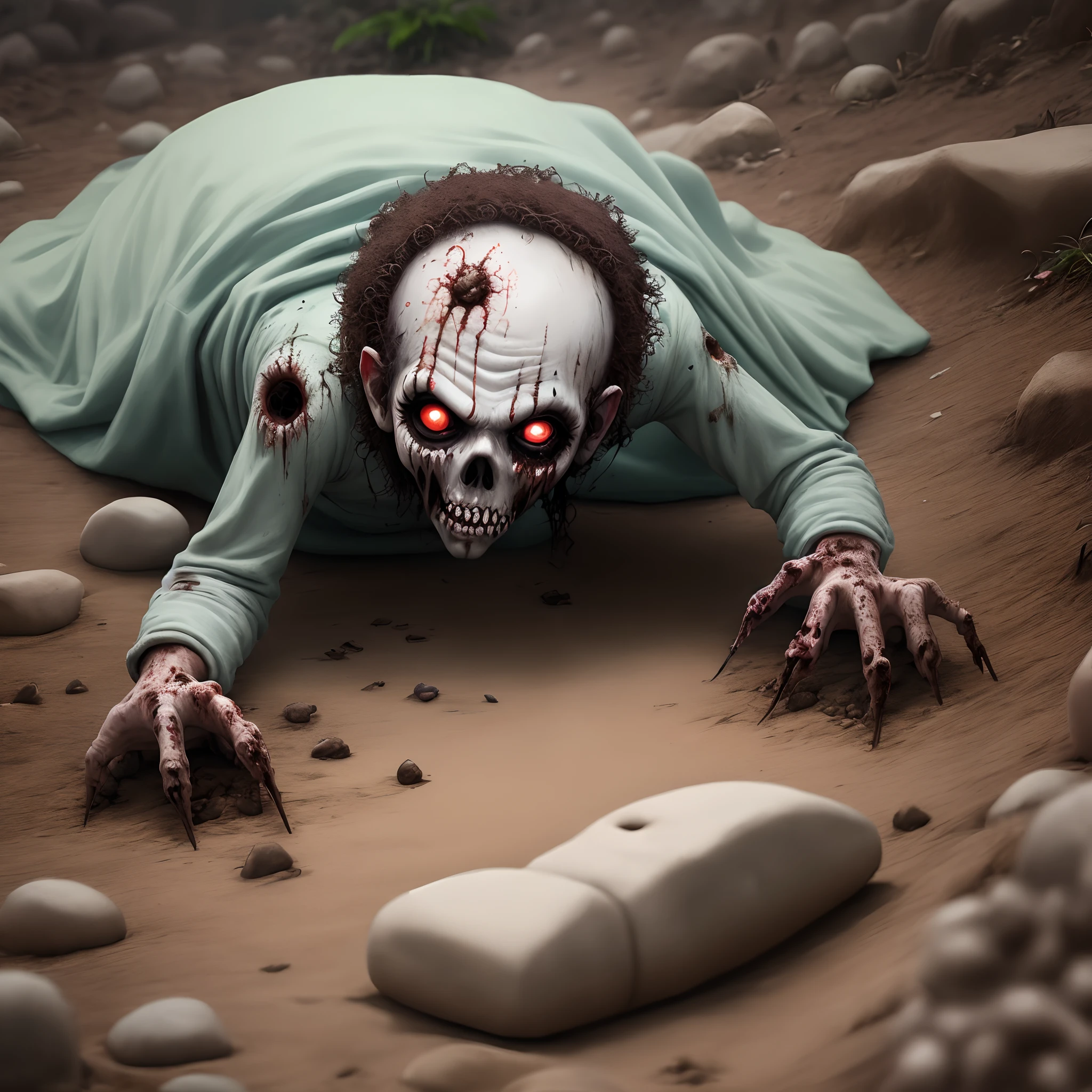 Zombie crawling from grave for coffee