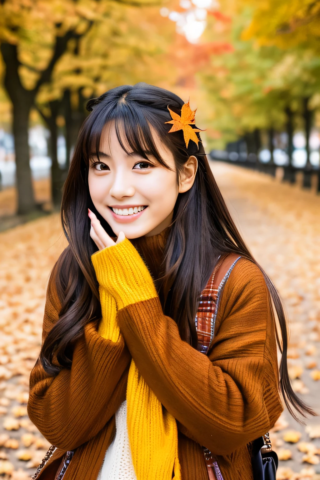 Japan women in their 20s posing in autumn clothes in a park with autumn leaves,a beauty girl,a smile,young gravure idol