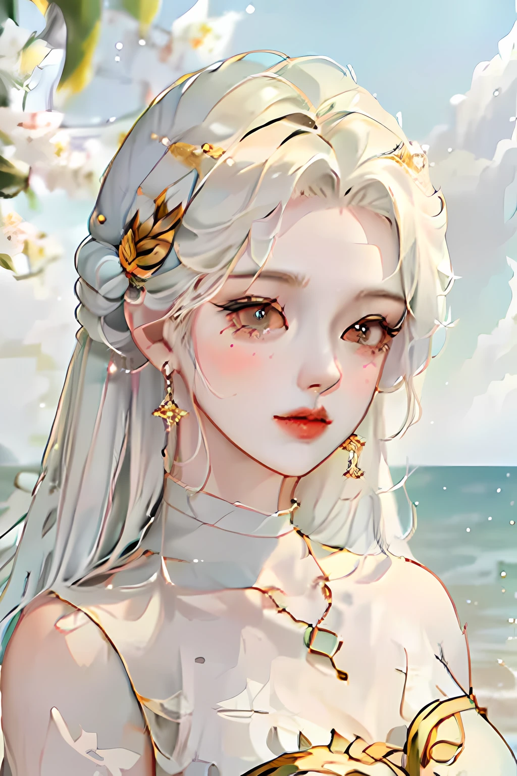 Create a digital portrait of a girl with thick white hair, situated atop a luxurious yacht, gazing out at the breathtaking sea. Capture the serenity of the moment with a warm, golden sunlight bathing the scene. The artwork should have a dreamy, almost ethereal quality, blending realistic features with a touch of magic. Use soft pastel colors with pops of vibrant blues and gold to bring out the beauty of the setting. Ensure the digital painting is of the highest quality, with exceptional attention to detail, and make it lifelike.