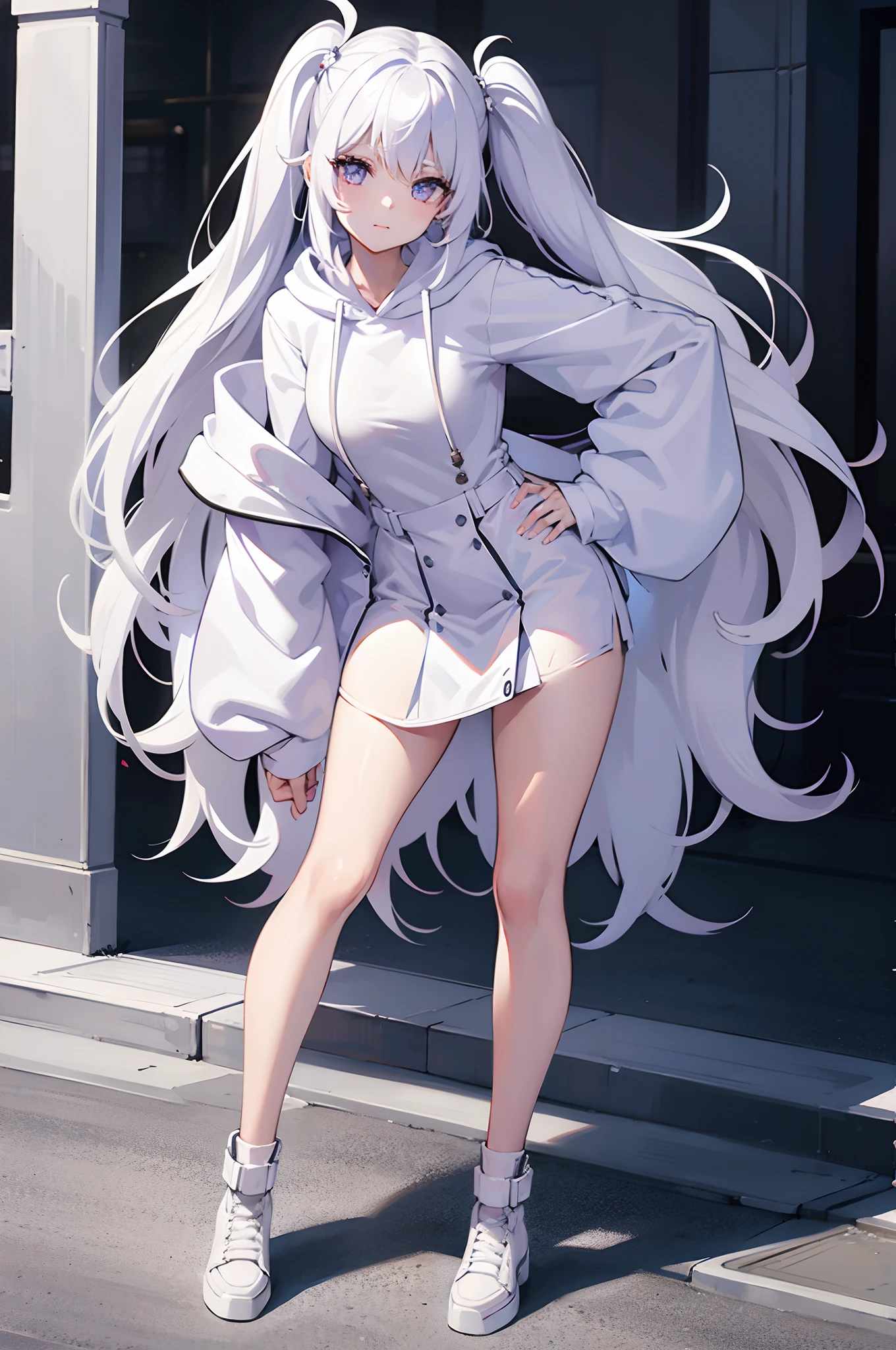 Anime girl with long white hair posing in front of a building - SeaArt AI