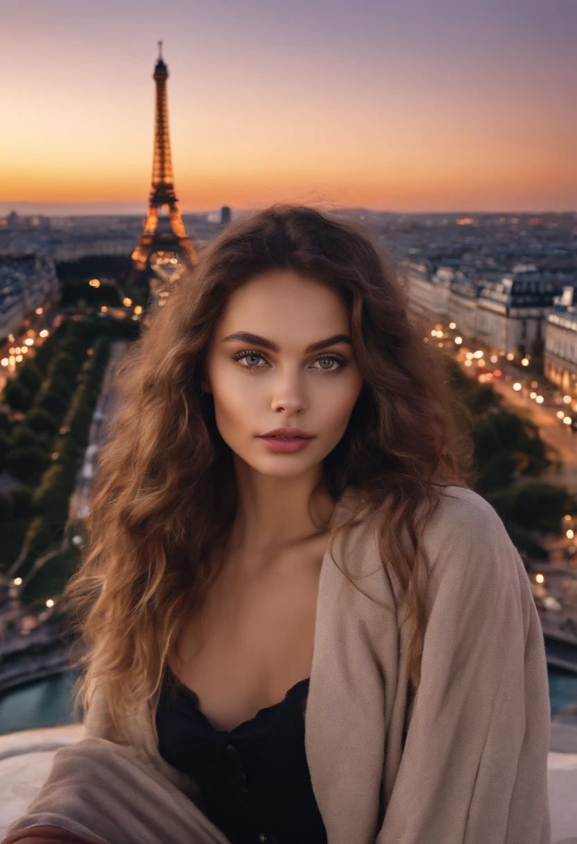 Completely attractive woman visible topless, Devant la Tour Eiffel, avec un manteau de fourrure, fille sexy aux yeux bruns, ultra realist, Meticulously detailed, Portrait Sophie Mudd, cheveux bruns et grands yeux, selfie of a young woman, Yeux de chambre, Violet Myers, sans maquillage, maquillage naturel, looking straight at camera, Visage avec Artgram, Maquillage subtil, Great photo of the whole body kneeling on the bed, dans la chambre, Bust medium to tall sexy girl with brown eyes, gros seins visibles