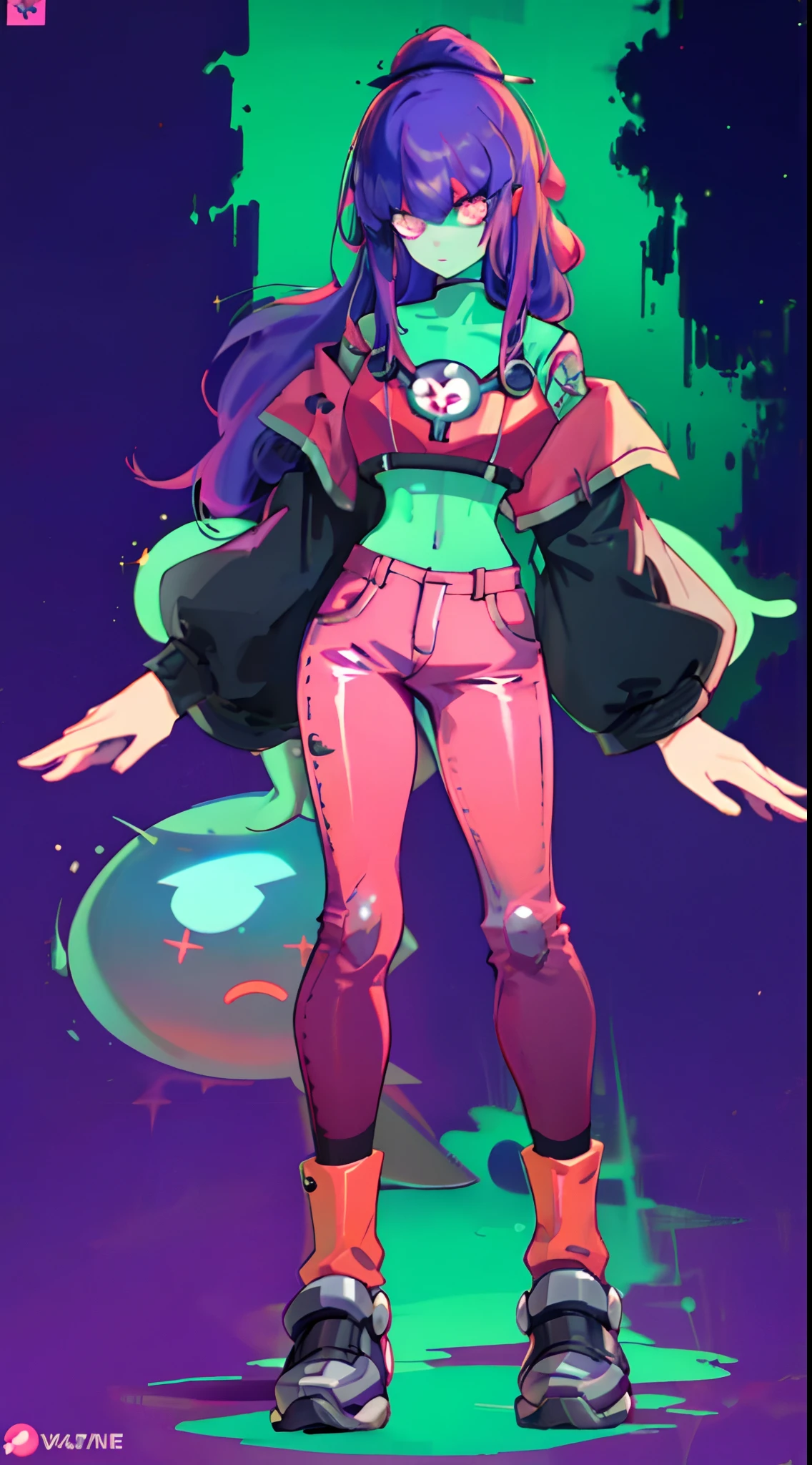 melhor qualidade, cyber style ******, 1girl, sozinho, long and messy purple hair, tatuagem tribal, BAGGY RED PANTS, fundo desfocado, slime girl, monster girl, Anime Slime Girl, Full Body purple-black slime, Deep Sea, K-Pop Idol, Fullbody, Character design sheet, singer, magical girl, long messy and spikey purple hair, tall