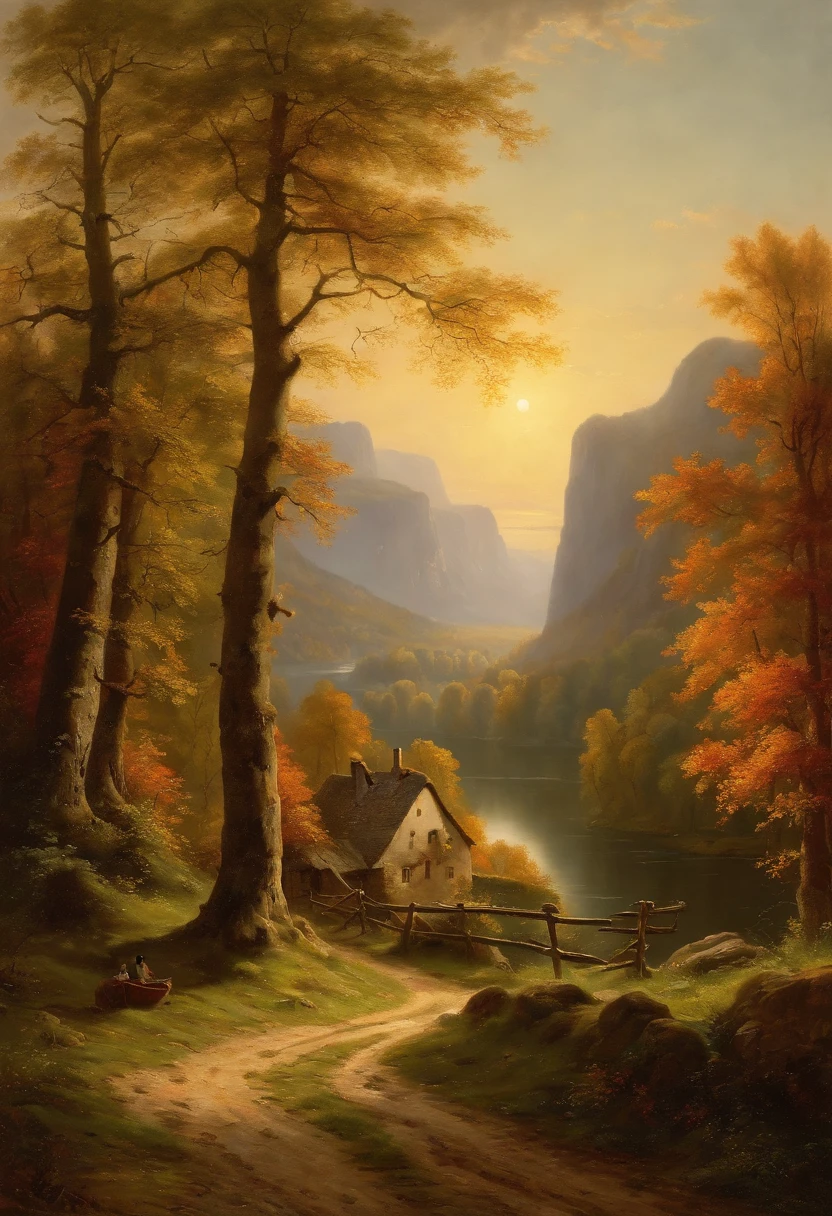 Painting of a river with a house, Romantic landscape of Saxon Switzerland, inspiriert von Carl Hilger, Albert Bierstadt 4 K, Romantik Landschaftsmalerei, Hudson River Schule, von August Friedrich Schenck, von Alexander Nasmyth, von Robert S. Duncanson, Alpine landscape with hut, by Joseph von Führich, Ludwig Richter Landschaft, warmes Herbstlicht, Licht und Schatten, Frau mit Kleid sitzt im Vordergrund im Sonnenlicht, Meschen laufen auf dem Weg, Licht und Schatten, Trees autumnally colorful