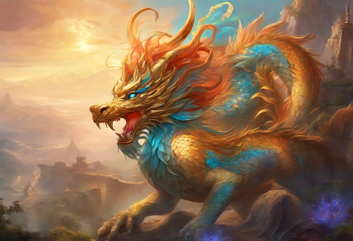 mythological creatures，chinesedragon，Traditional Chinese elements，Ancient murals，Illustrative myths，Fuyao Legend，Dappled light，Hazy haze，mystical aura，tmasterpiece，k hd，Rich in color，Detailed details，Seven colors