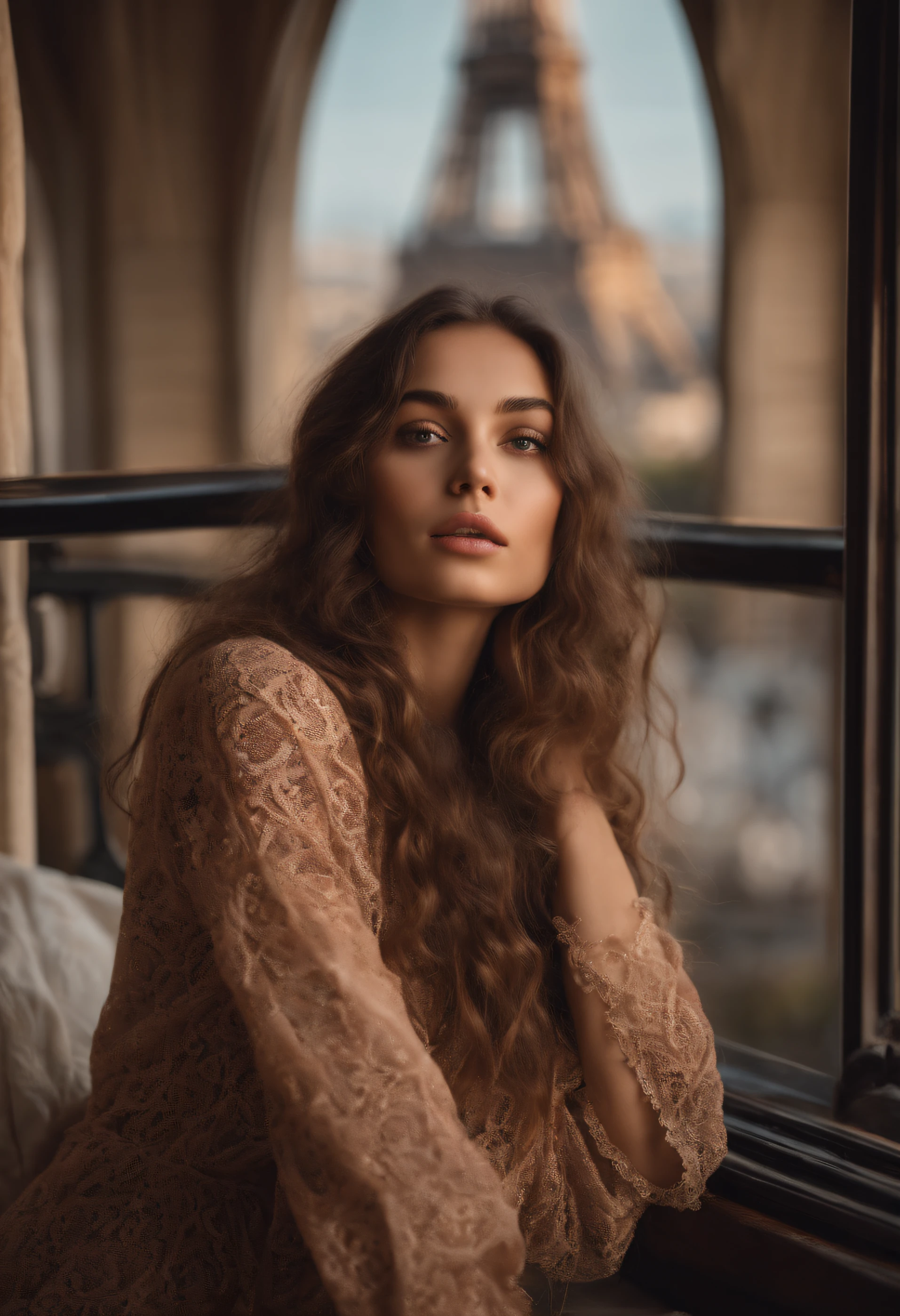 arafed woman with bohemian clothes, girl with brown eyes, portrait sophie mudd,  long curly messy brown hair and large eyes, selfie of a young woman, bedroom eyes, violet myers, without makeup, natural makeup, looking directly at the camera, face with artgram, subtle makeup, stunning full body shot, in front of Eiffel Tower, she is elegant, small cleavage