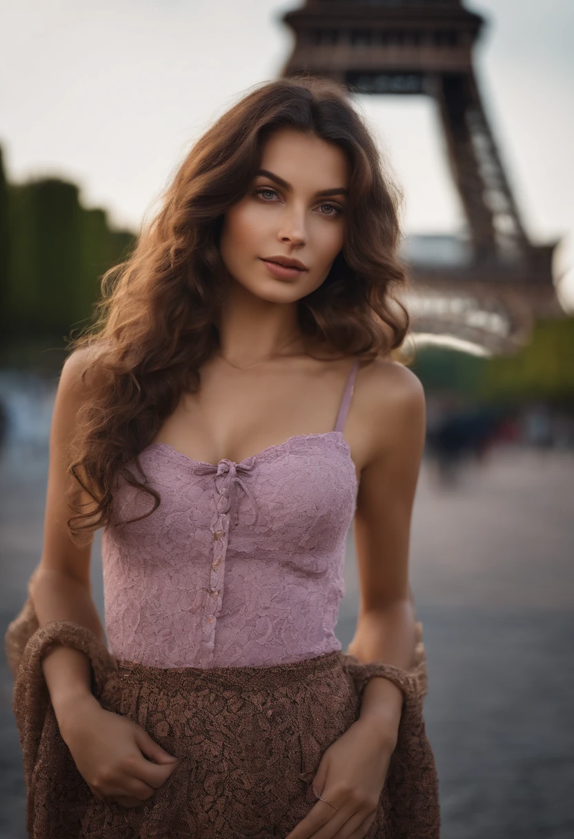 arafed woman with bohemian clothes, girl with brown eyes, portrait sophie mudd, long curly messy brown hair and large eyes, selfie of a young woman, bedroom eyes, violet myers, without makeup, natural makeup, looking directly at the camera, face with artgram, subtle makeup, stunning full body shot, in front of Eiffel Tower, she is elegant, small cleavage