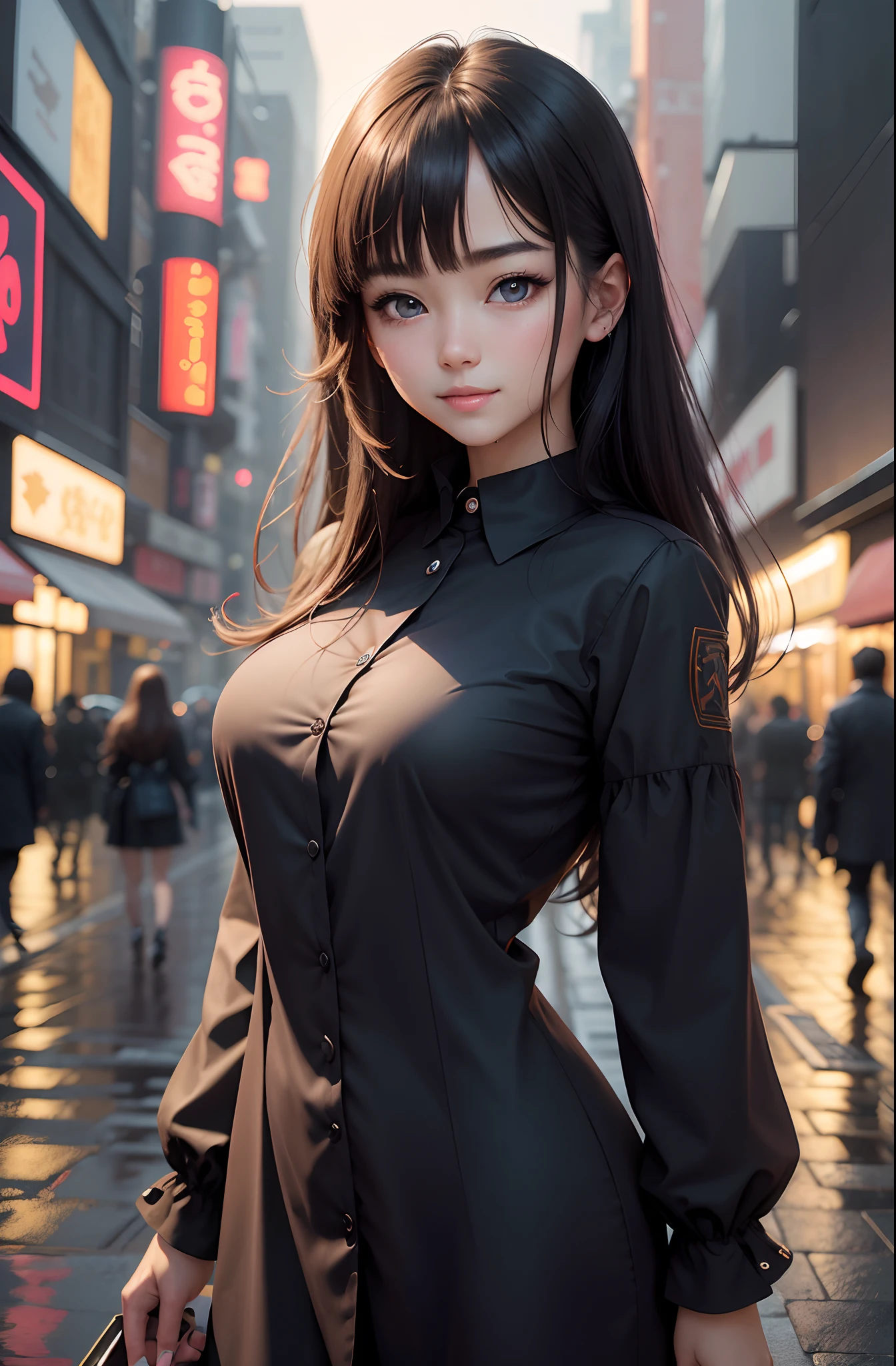 masterpiece, 1 beautiful girl, detailed eyes, puffy eyes, best quality, ultra high definition, (reality: 1.4), original photo, 1Girl, cinematic lighting, smile, Japan, asian beauty, korean, neat atmosphere, super beautiful, little young face, beautiful skin, slender, cyberpunk background, (ultra realistic), (high resolution), (8k), (very detailed), (best illustration) , (beautiful and detailed eyes), (super detailed), (wallpaper), (detailed face), look at the viewer, fine details, detailed face, pureerosfaceace_v1, smile, 46-point diagonal bangs, facing straight ahead, neat clothes, black colored eyes, hair wet in the rain, clothes (fashionable plain folding collar irregular shirt feeling dress), body facing forward,beautiful bust