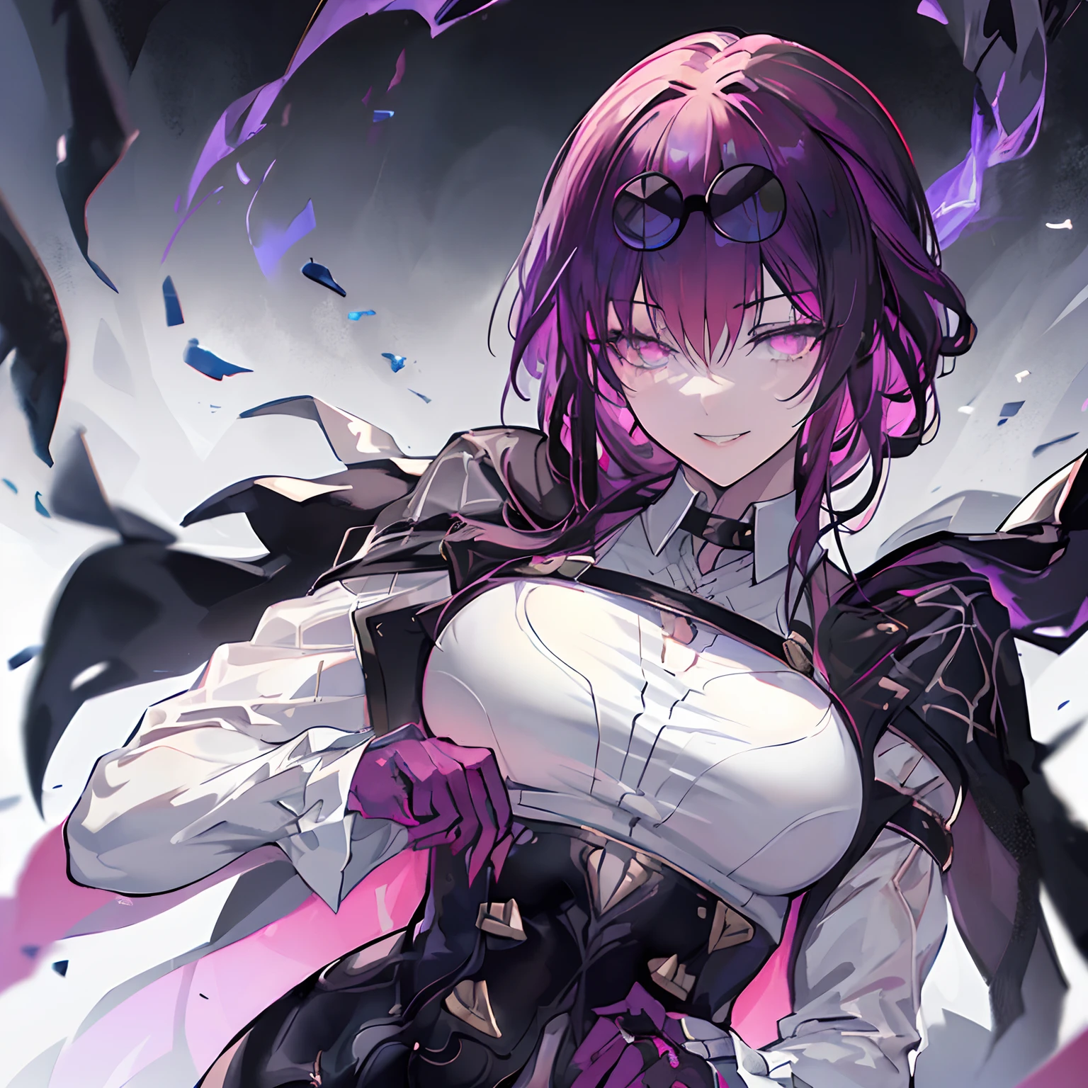 (best quality,4k,8k,highres,masterpiece:1.2),ultra-detailed,evil anime girl,sharp focus,vivid colors,Gothic,lens flares,dark magic,mysterious scenery ,pink eyes,black and purple hair,mischievous smile,ominous atmosphere,grinning face,elongated limbs,flowing cloak,spooky aura,cursed powers,intense stare,anime style,gloomy lighting,clouds of darkness,demonic presence,sharp claws,dagger in hand,sinister expression,mysterious symbols,glowing runes,nighttime scene,menacing grin,aura of supernatural power,evil mesmerizing gaze,malicious intent,shadowy figure,bloody tears,mystical energy, (detail eyes:1.5)