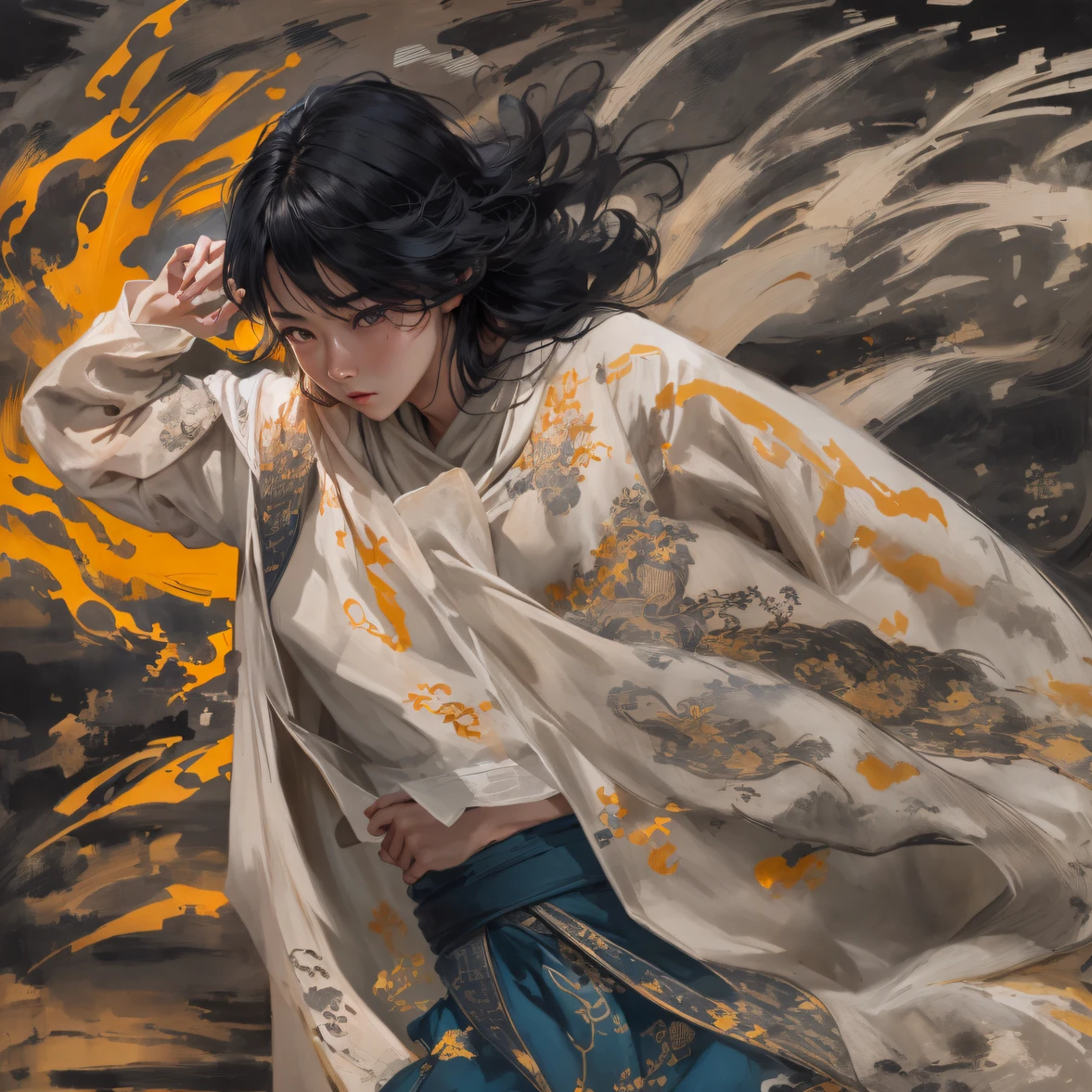 Side 32K，exteriors，Roof，People are small（tmasterpiece，k hd，hyper HD，32K）Long flowing glossy black hair，Tang dynasty complex，zydink， a color，mid afternoon（canyons）， （Linen batik scarf）， Combat posture， looking at the ground， Linen bandana， Chinese python pattern long-sleeved garment， Morning（Abstract gouache splash：1.2）， Dark clouds lightning background，sprinkling（realisticlying：1.4），Black color hair，The dust is blowing，Background fog， A high resolution， the detail， RAW photogr， Sharp Re， Nikon D850 Film Stock Photo by Jefferies Lee 4 Kodak Portra 400 Camera F1.6 shots, Rich colors, ultra-realistic vivid textures, Dramatic lighting, Unreal Engine Art Station Trend, cinestir 800，Flowing and shiny black hair,（（（National style building）））Full-body side