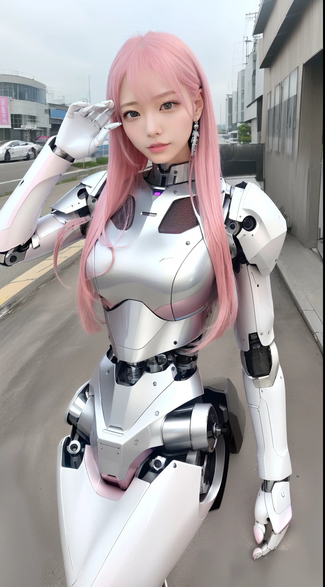 ((masutepiece)), ((top-quality), high quarity、ultra-definition, (Realistic), (well proportioned face)、fulcolor 、(scientific fiction)、独奏、Beautiful robot woman、((Perfect robot joint))、(((machine components)))、((Large electronic substrate))、(White porcelain mechanical armor)、(Curvaceous face)、(Both eyes of the camera lens)、thin mouth、deadpan、pink straight hair、((High quality machine hand))、(Outside the city)、High quality robot legs