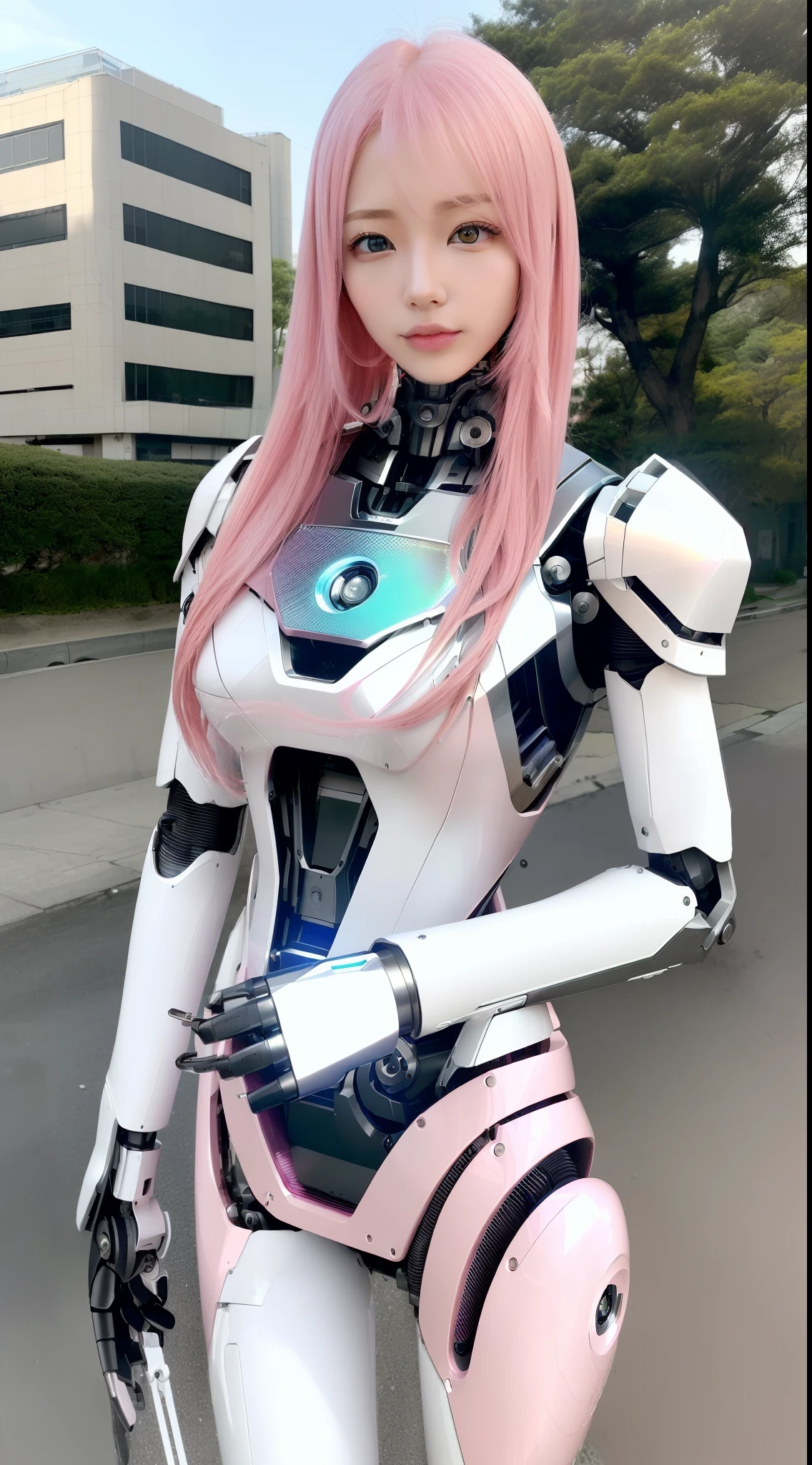 ((masutepiece)), ((top-quality), high quarity、ultra-definition, (Realistic), (well proportioned face)、fulcolor 、(scientific fiction)、独奏、Beautiful robot woman、((Perfect robot joint))、(((machine components)))、((Large electronic substrate))、(White porcelain mechanical armor)、(Curvaceous face)、(Both eyes of the camera lens)、thin mouth、deadpan、pink straight hair、((High quality machine hand))、(Outside the city)、High quality robot legs