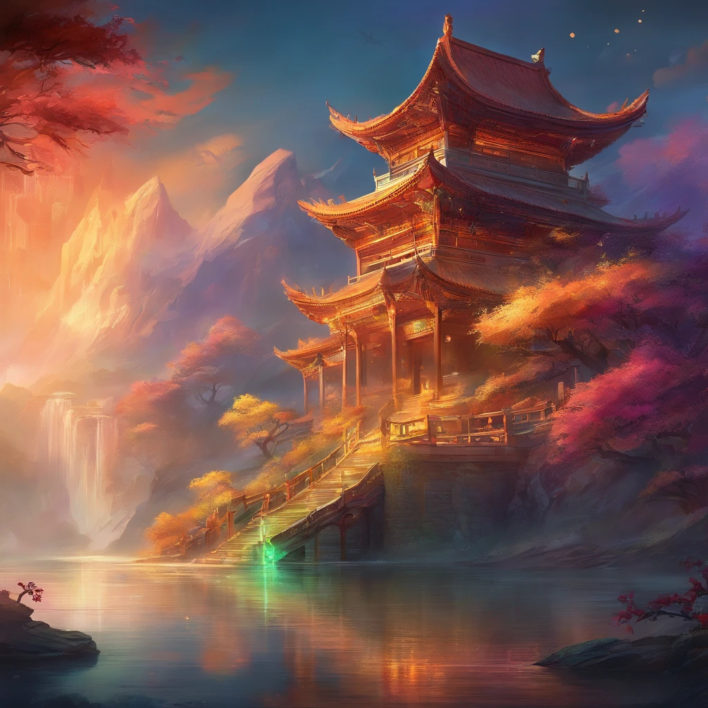mythological creatures,fenghuang,Traditional Chinese elements,Ancient murals,Illustrative myths,Fuyao Legend,Dappled light,Hazy haze,mystical aura,tmasterpiece,k hd,Rich in color,Detailed details,Seven colors