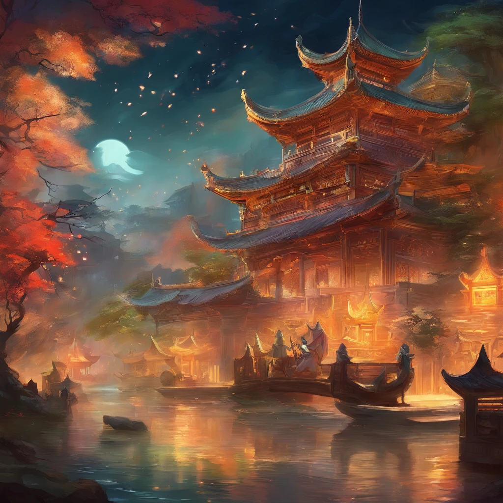 mythological creatures，fenghuang，Traditional Chinese elements，Ancient murals，Illustrative myths，Fuyao Legend，Dappled light，Hazy haze，mystical aura，tmasterpiece，k hd，Rich in color，Detailed details，Seven colors