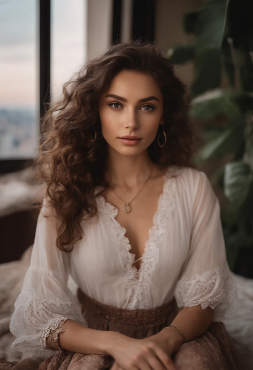 arafed woman with bohemian clothes, girl with brown eyes, portrait sophie mudd,  long curly messy brown hair and large eyes, selfie of a young woman, bedroom eyes, violet myers, without makeup, natural makeup, looking directly at the camera, face with artgram, subtle makeup, stunning full body shot, in front of Eiffel Tower, she is elegant, small cleavage