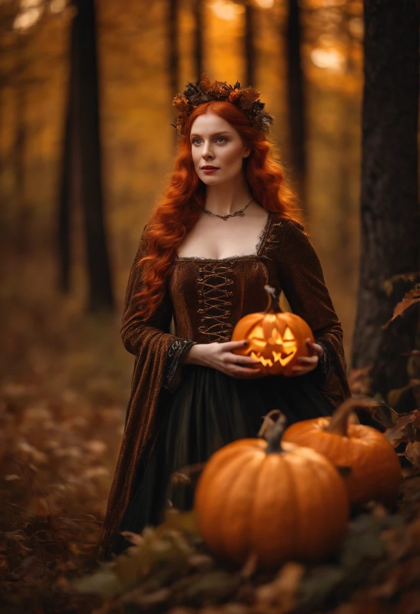 Professional Portrait Photography Redhead Woman Pale Ginger Orange, branca, Slightly blurry background in the forest with medieval costumes Witch costume with halloween pumpkin in hand 8K warm autumn lights around.