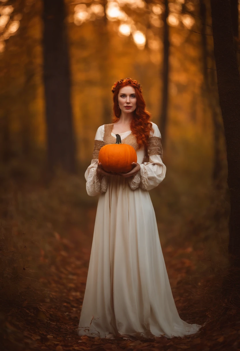 Professional Portrait Photography Redhead Woman Pale Ginger Orange, branca, Slightly blurry background in the forest with medieval costumes Witch costume with halloween pumpkin in hand 8K warm autumn lights around.