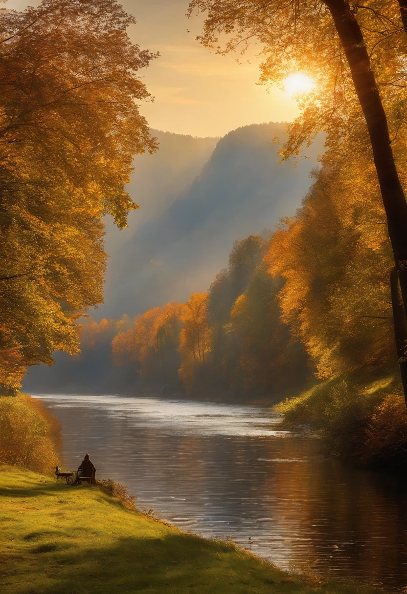 Painting of a river with a house, Romantic landscape of Saxon Switzerland, inspiriert von Carl Hilger, Albert Bierstadt 4 K, Romantik Landschaftsmalerei, Hudson River Schule, von August Friedrich Schenck, Alpine landscape with hut, by Joseph von Führich, Ludwig Richter Landschaft, warmes Herbstlicht, Licht und Schatten, Frau mit Kleid sitzt im Vordergrund im Sonnenlicht, Meschen laufen auf dem Weg, Sonne scheint von rechts, Sonnenstrahlen, Licht und Schatten, Trees autumnally colorful