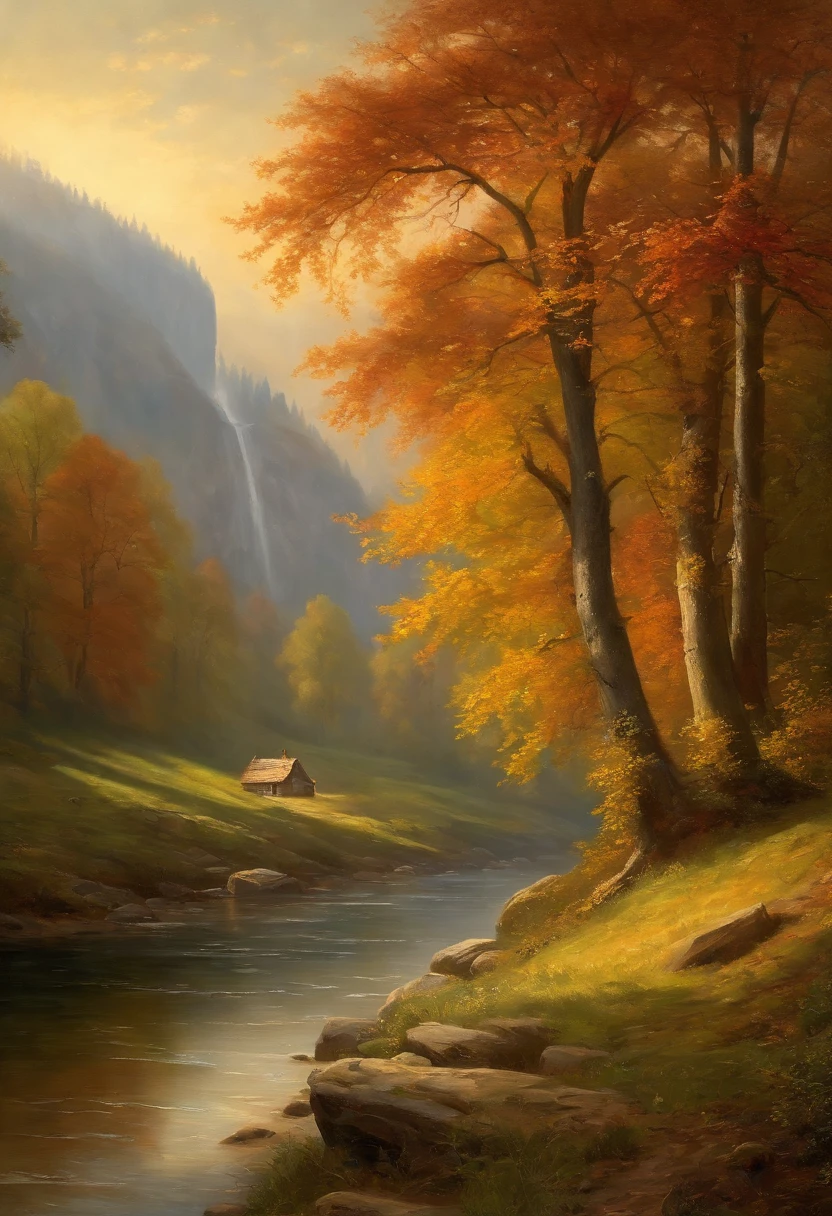 Painting of a river with a house, Romantic landscape of Saxon Switzerland, inspiriert von Carl Hilger, Albert Bierstadt 4 K, Romantik Landschaftsmalerei, Hudson River Schule, von August Friedrich Schenck, Alpine landscape with hut, by Joseph von Führich, Ludwig Richter Landschaft, warmes Herbstlicht, Licht und Schatten, Frau mit Kleid sitzt im Vordergrund im Sonnenlicht, Meschen laufen auf dem Weg, Sonne scheint von rechts, Sonnenstrahlen, Licht und Schatten, Trees autumnally colorful