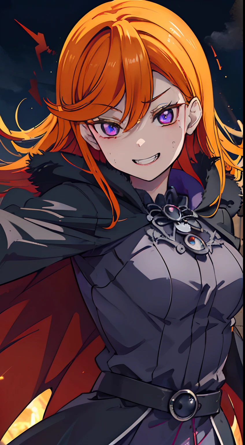 (best quality,4k,8k,highres,masterpiece:1.2),ultra-detailed,evil anime girl,sharp focus,vivid colors,Gothic,lens flares,dark magic,mysterious scenery , purple eyes,black and Orange hair,mischievous smile,ominous atmosphere,grinning face,elongated limbs,flowing cloak,spooky aura,cursed powers,intense stare,anime style,gloomy lighting,clouds of darkness,demonic presence,sharp claws,dagger in hand,sinister expression,mysterious symbols,glowing runes,nighttime scene,menacing grin,aura of supernatural power,evil mesmerizing gaze,malicious intent,shadowy figure,bloody tears,mystical energy, (detail eyes:1.5)