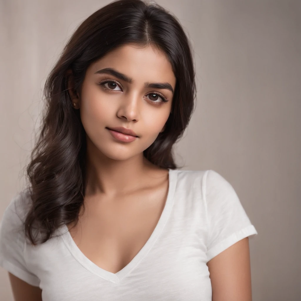 an award-winning photo of a beautiful indian muslim girl, (passport size photo), 19 years old, brown skin (with beautiful black eyes), round face, (V-neck t-shirt in white color), (tiny shorts), (provocative), messy black hair, light and short hair, messy, cheerful and shy smile, perfect medium breasts, translucent shirt), in room, detailed face and body, award-winning photography