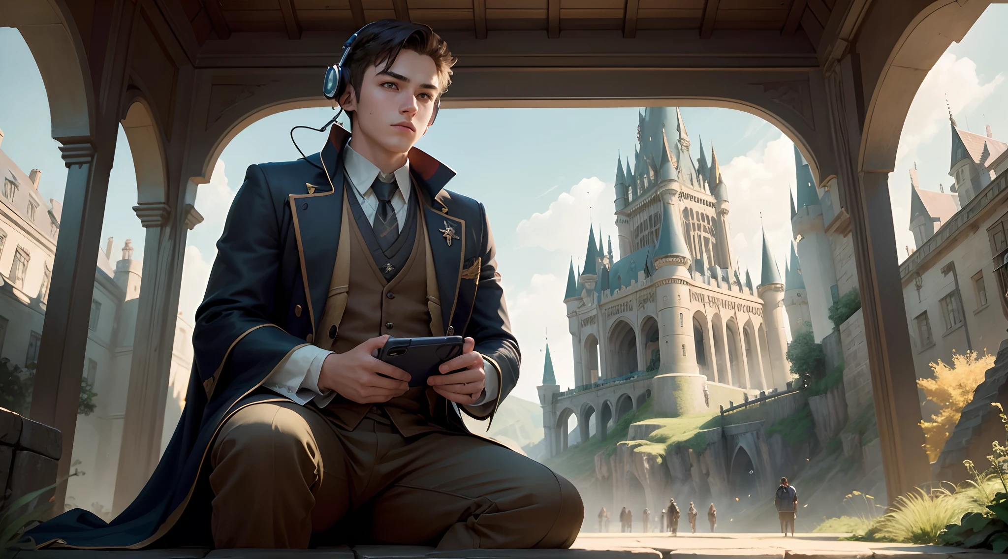 Shot photo of 1 a young male Hogwarts Student (solo character) (17 years old). He stood calm holding a Nintendo gameboy, and wearing music headphones on. Sitting on the garden of the Hogwarts Castle. The painting shows intricate details, high-detailed rendering, Sharp focus, and dramatic, Photorealistic style.