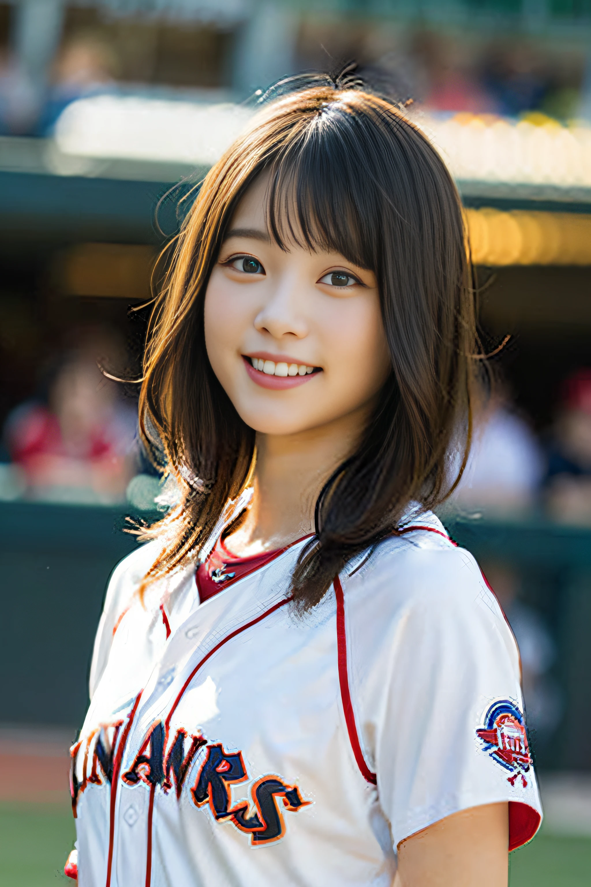 (8k、RAW Photos、Highest quality、masterpiece:1.2)、(Realistic、Photorealistic:1.37)、Ultra-detailed、Ultra-high resolution、1 girl、Seeing the viewer、Beautifully detailed face、Laughter、narrow、(Narrow waist) :1.3)、Beautifully detailed skin、Skin Texture、Floating Hair、Professional Lighting、Human whole body、Long Hair、Blonde、Baseball uniforms、high school girl、baseball Ground、Bob Hair、Smile、high school girl、missionary work、A cup breasts、Poses that accentuate the chest