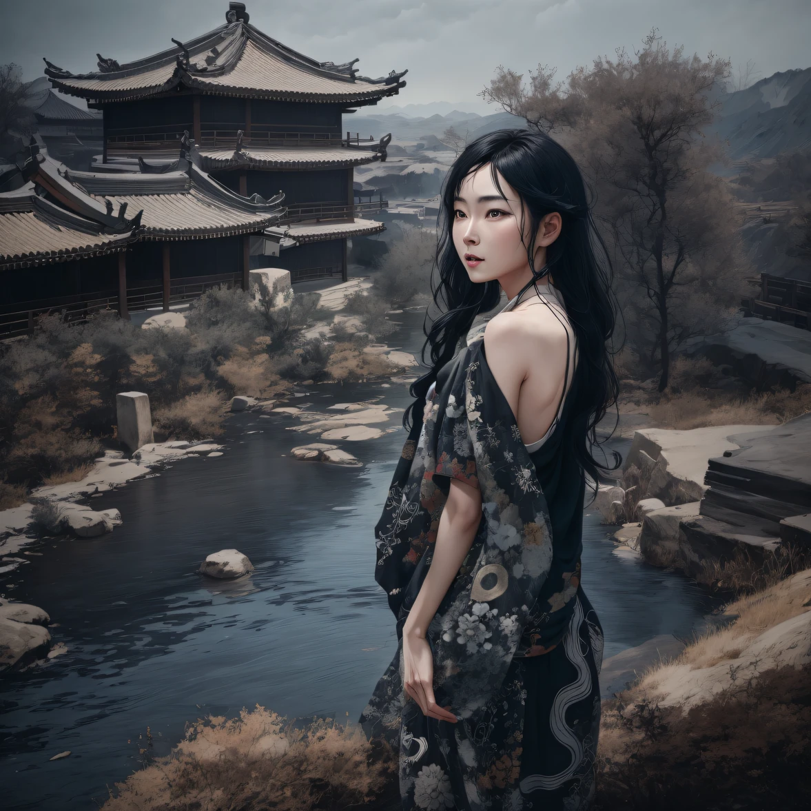 Side 32K，exteriors，Roof，People are small（tmasterpiece，k hd，hyper HD，32K）Long flowing glossy black hair，Tang dynasty complex，zydink， a color，mid afternoon（canyons）， （Linen batik scarf）， Combat posture， looking at the ground， Linen bandana， Chinese python pattern long-sleeved garment， Morning（Abstract gouache splash：1.2）， Dark clouds lightning background，sprinkling（realisticlying：1.4），Black color hair，The dust is blowing，Background fog， A high resolution， the detail， RAW photogr， Sharp Re， Nikon D850 Film Stock Photo by Jefferies Lee 4 Kodak Portra 400 Camera F1.6 shots, Rich colors, ultra-realistic vivid textures, Dramatic lighting, Unreal Engine Art Station Trend, cinestir 800，Flowing and shiny black hair,（（（National style building）））Full-body side