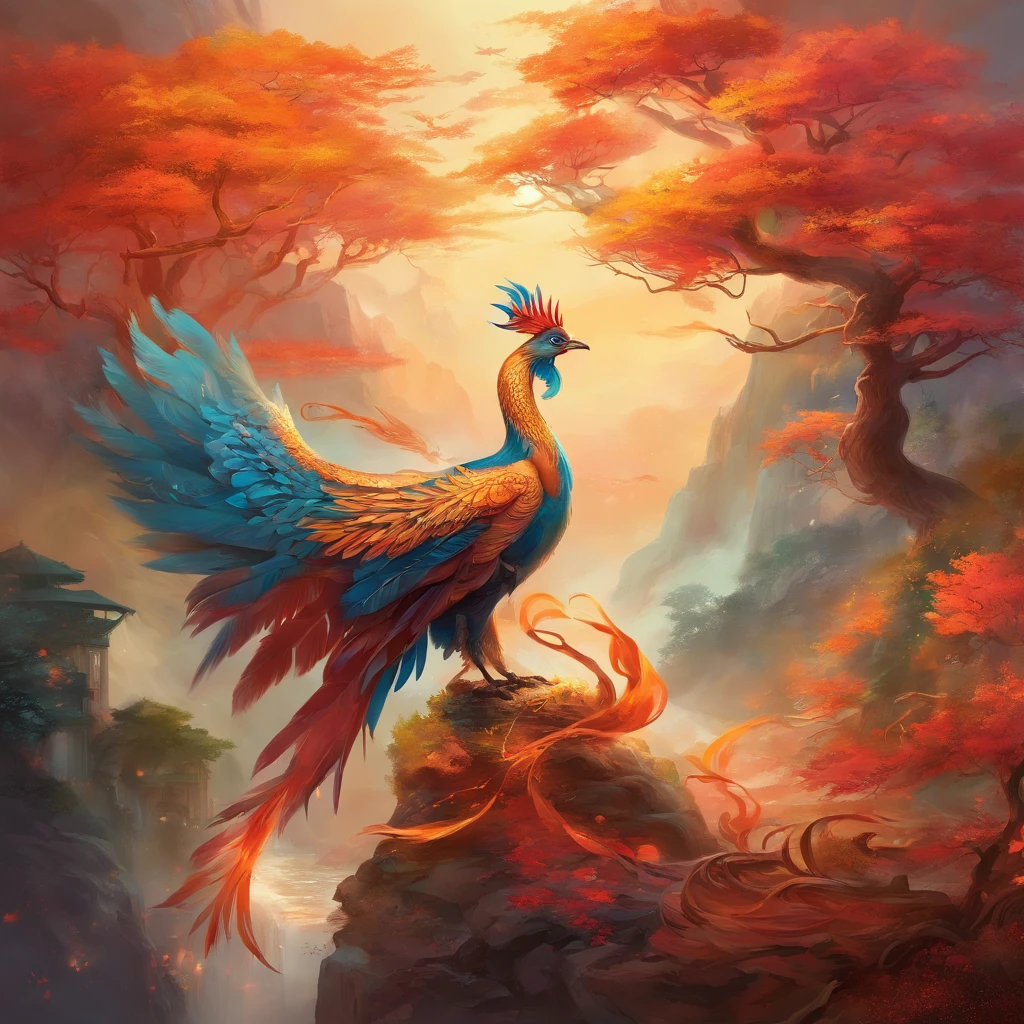 mythological creatures，（（Chinese mythology fire phoenix）），Traditional Chinese elements，Ancient murals，Illustrative myths，Fuyao Legend，Dappled light，Hazy haze，mystical aura，tmasterpiece，k hd，Rich in color，Detailed details，Seven colors