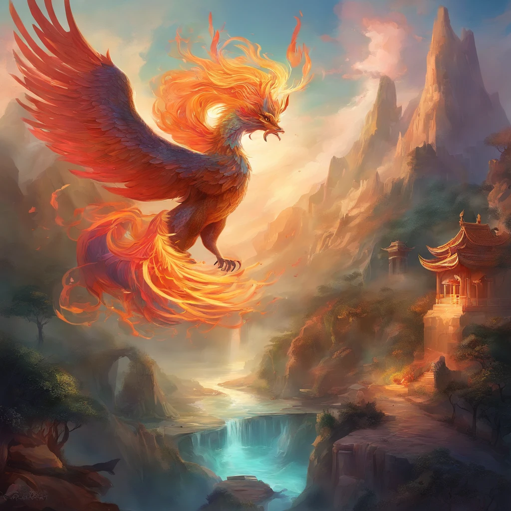 mythological creatures,((Chinese mythology fire phoenix)),Traditional Chinese elements,Ancient murals,Illustrative myths,Fuyao Legend,Dappled light,Hazy haze,mystical aura,tmasterpiece,k hd,Rich in color,Detailed details,Seven colors