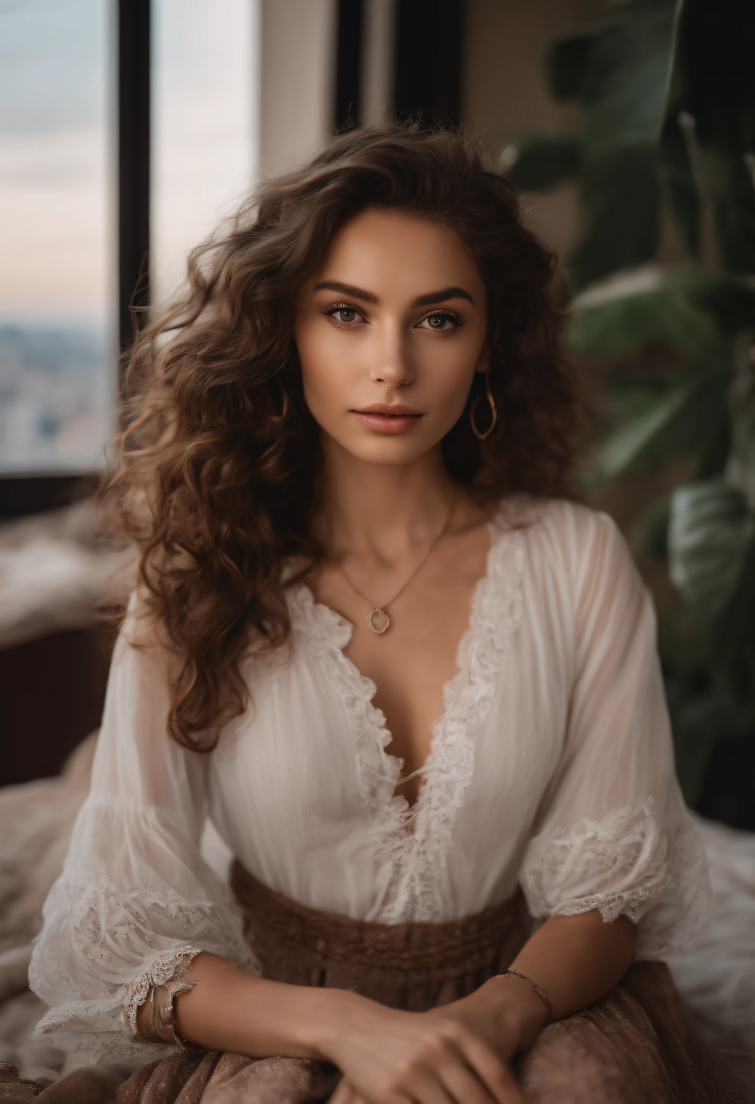 arafed woman with bohemian clothes, girl with brown eyes, portrait sophie mudd, long curly messy brown hair and large eyes, selfie of a young woman, bedroom eyes, violet myers, without makeup, natural makeup, looking directly at the camera, face with artgram, subtle makeup, stunning full body shot, in front of Eiffel Tower, she is elegant, small cleavage
