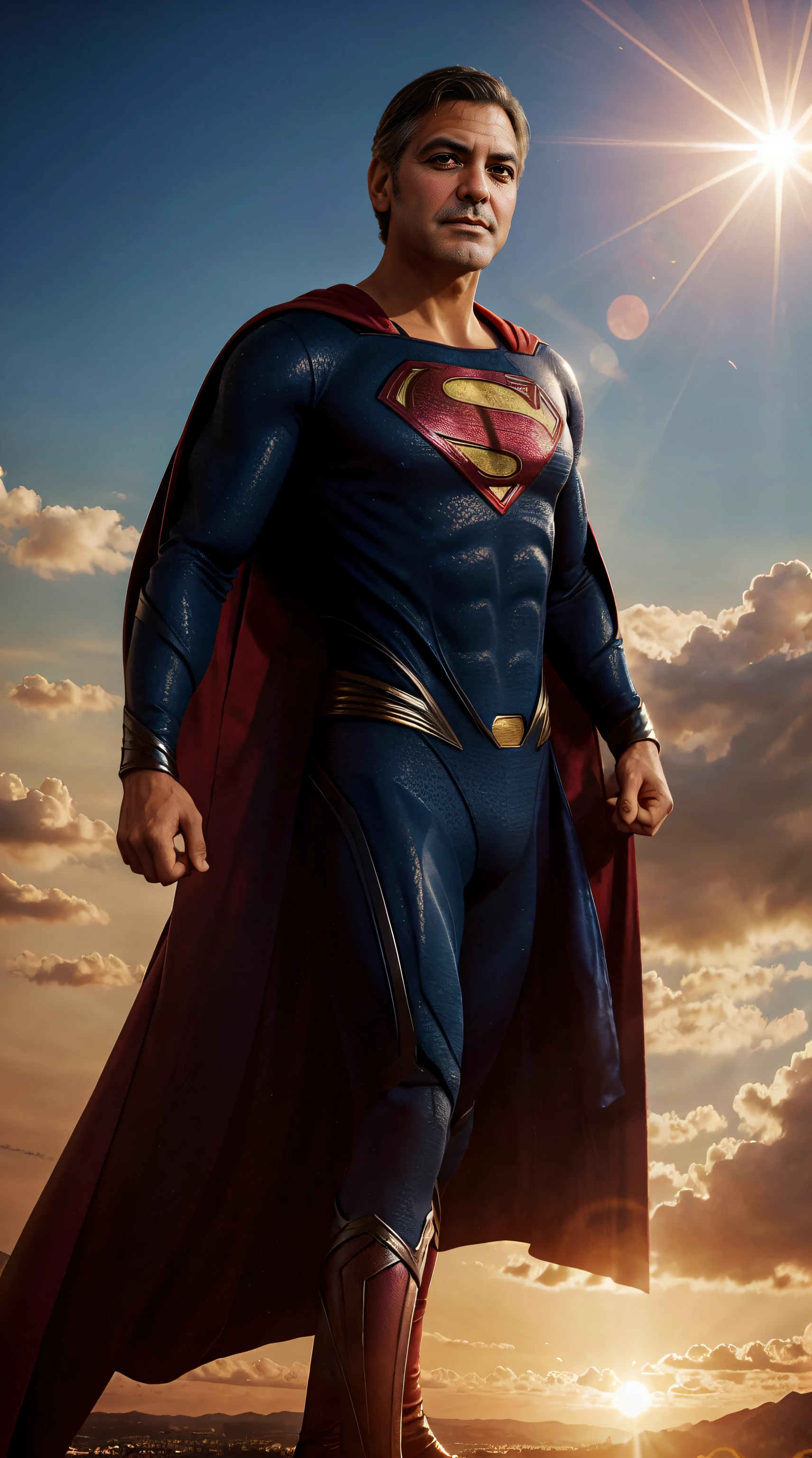 George Clooney is superman, superman cape, stunning scenery, surreal lighting, extremely extravagant lighting, beautiful scenery, afternoon, natural, sundown, sun shining hidden