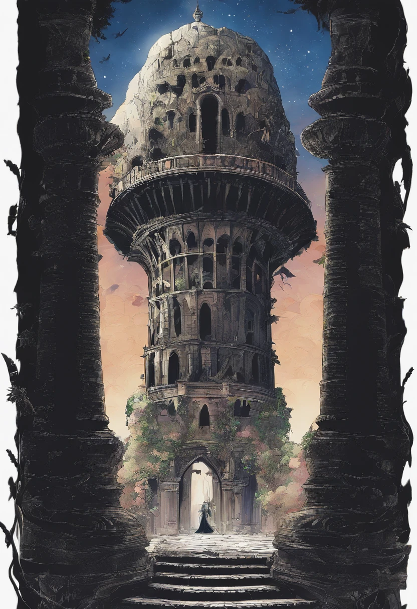 Black Tower、Tower of Shadows、Circular tower、column、illustratio、Anime style