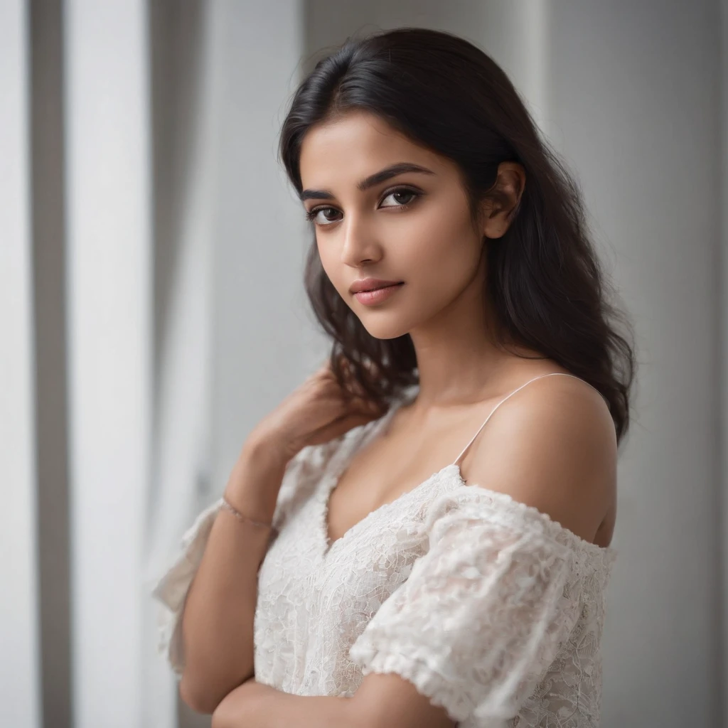 an award-winning photo of a beautiful indian muslim girl, (passport size photo), 19 years old, brown skin (with beautiful black eyes), round (not so perfect face), (V-neck t-shirt in white color), (tiny shorts), (provocative), messy black hair, light and short hair, messy, cheerful and shy smile, perfect medium breasts, translucent shirt), in room, detailed face and body, award-winning photography
