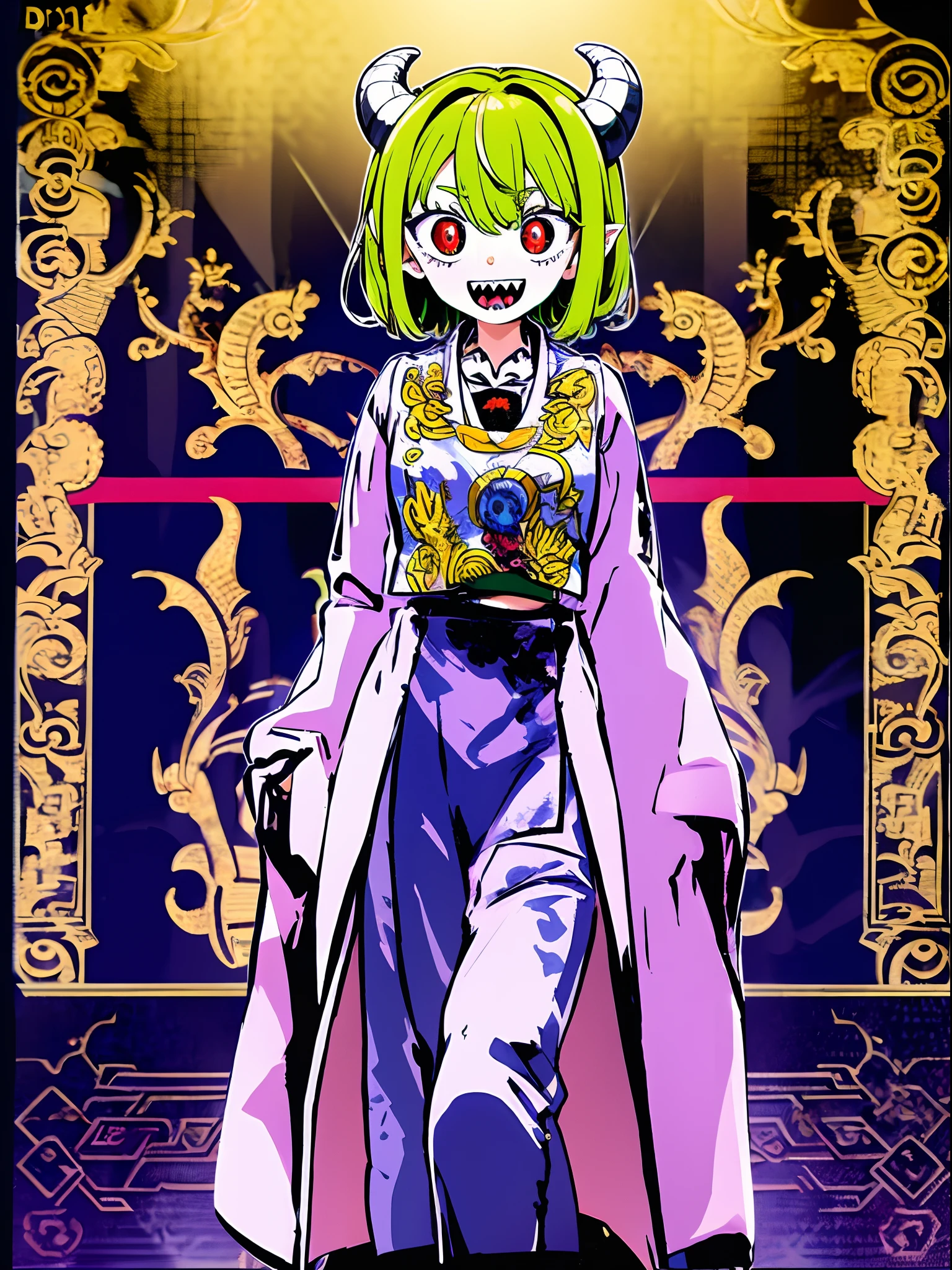 ****, green hair, red eyes, white robe, hornes, sharpteeth, standing solo focus, white robe,demongirl, pants, long skirt, short hair, flatchest, Daoist_Robe, demon hornes, long horns, smile, happy, hand