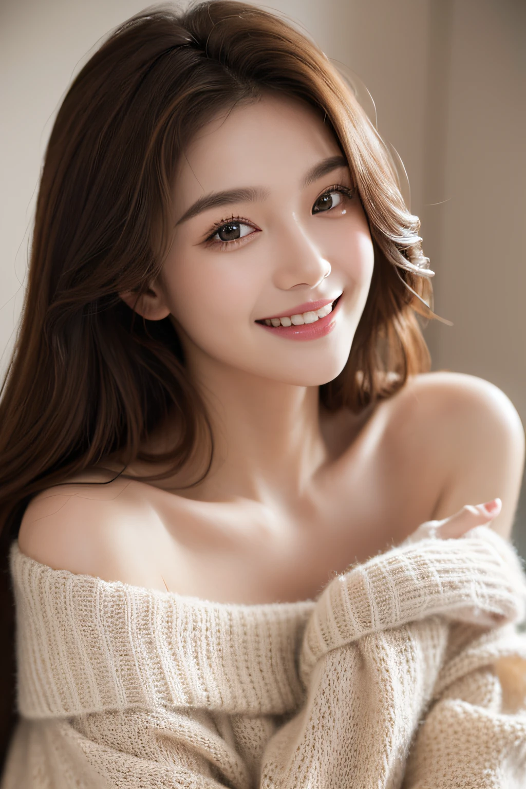 best quality, masterpiece, ultra high res, photorealistic, 1girl, offshoulder, smile, oversized_sweater, soft lighting, detailed skin,brown hair