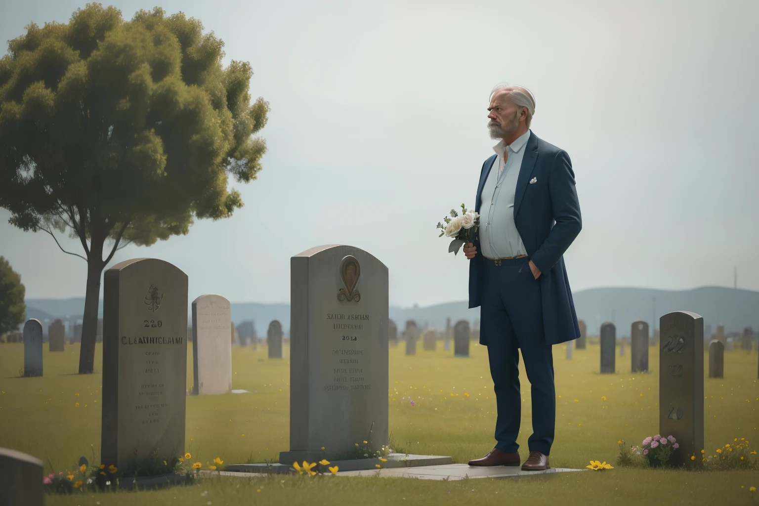 year: 2023. Location: Sweden. Pre-Raphaelite, 59-year-old man, ((clean classic look)), ((grumpy)) ((strict)), standing next to a solitary tombstone, holding a flower, ((((Clothing from the 2020s)))) ((Hairstyle of the 2020s)), pastel colors, (((cinematic style)))