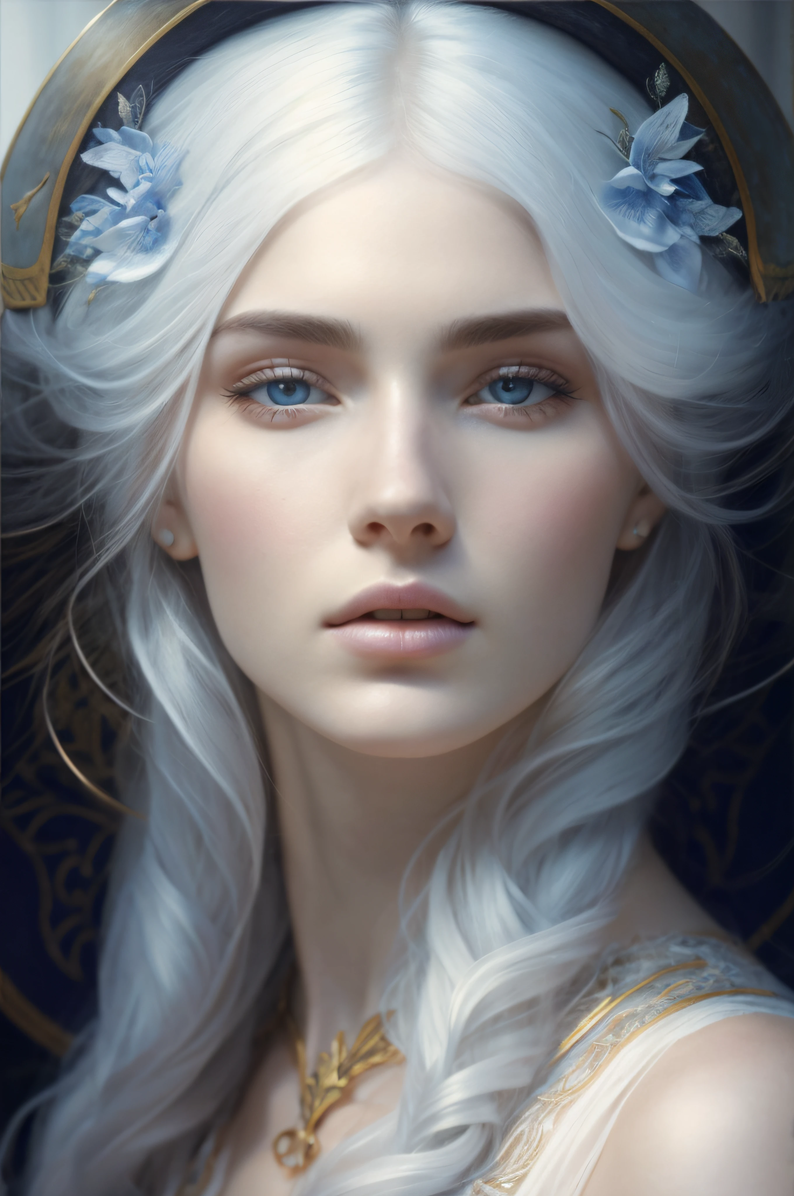 extremely white and pale skin, Cold and intimidating look, small-nose, mujer joven, Beautiful, Perfecto, ojos azules, marked jaw, extremadamente hermoso, Rostro perfecto, Belleza poco realista, Belleza infinita,8k, ultra realista, Extremadamente detallado, retrato, fotorrealista, surrealista