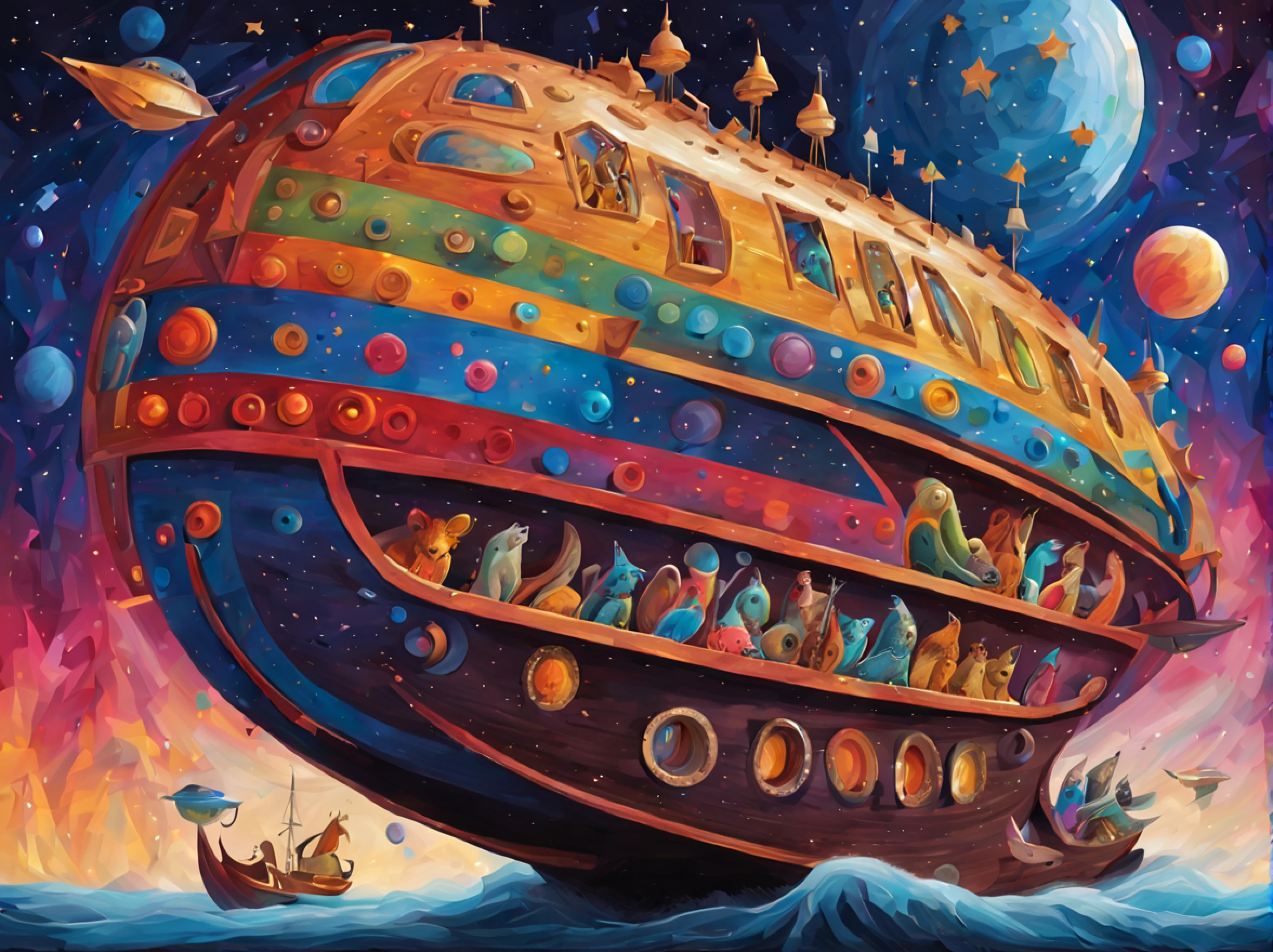 (Expressionism:1.3), (retrofuturistic spaceship in the shape of Noah's Ark:1.2) with portholes and cannons, exotic animals around, amidst the vast cosmos of thoughts and ideas, breathtaking, shiny stars, vivid colors