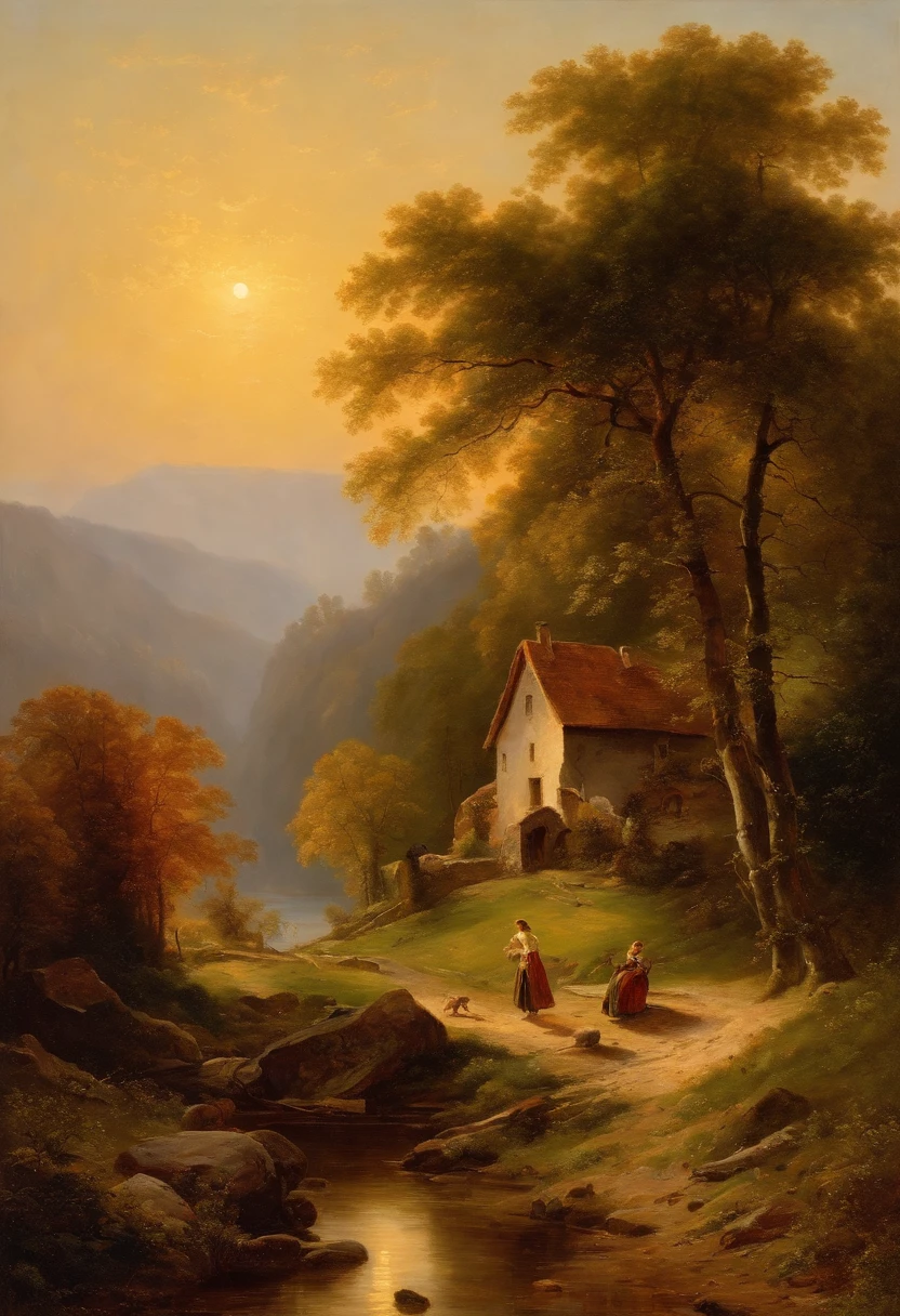 Painting of a river with a house, Romantic landscape of Saxon Switzerland, inspiriert von Carl Hilger, Albert Bierstadt 4 K, Romantik Landschaftsmalerei, Hudson River Schule, von August Friedrich Schenck, von Alexander Nasmyth, von Robert S. Duncanson, Alpine landscape with hut, by Joseph von Führich, Ludwig Richter Landschaft, warmes Herbstlicht, Licht und Schatten, (Frau mit Kleid sitzt im Vordergrund im Sonnenlicht), Sonne scheint von rechts, Sonnenstrahlen, (Meschen laufen auf dem Weg), Licht und Schatten, Trees autumnally colorful
