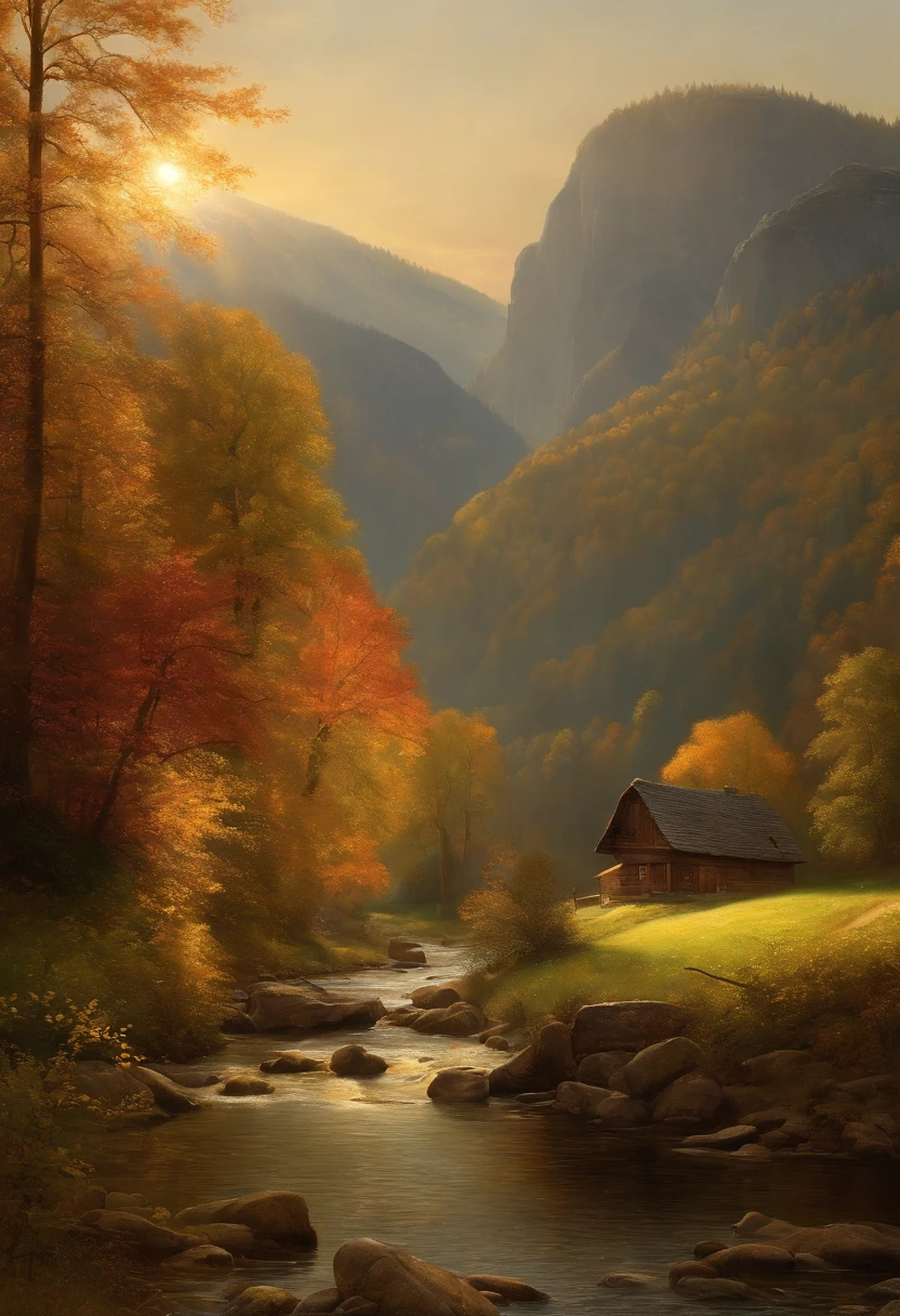 Painting of a river with a house, Romantic landscape of Saxon Switzerland, inspiriert von Carl Hilger, Albert Bierstadt 4 K, Romantik Landschaftsmalerei, Hudson River Schule, von August Friedrich Schenck, von Alexander Nasmyth, von Robert S. Duncanson, Alpine landscape with hut, by Joseph von Führich, Ludwig Richter Landschaft, warmes Herbstlicht, Licht und Schatten, (Frau mit Kleid sitzt im Vordergrund im Sonnenlicht), Sonne scheint von rechts, Sonnenstrahlen, (Meschen laufen auf dem Weg), Licht und Schatten, Trees autumnally colorful