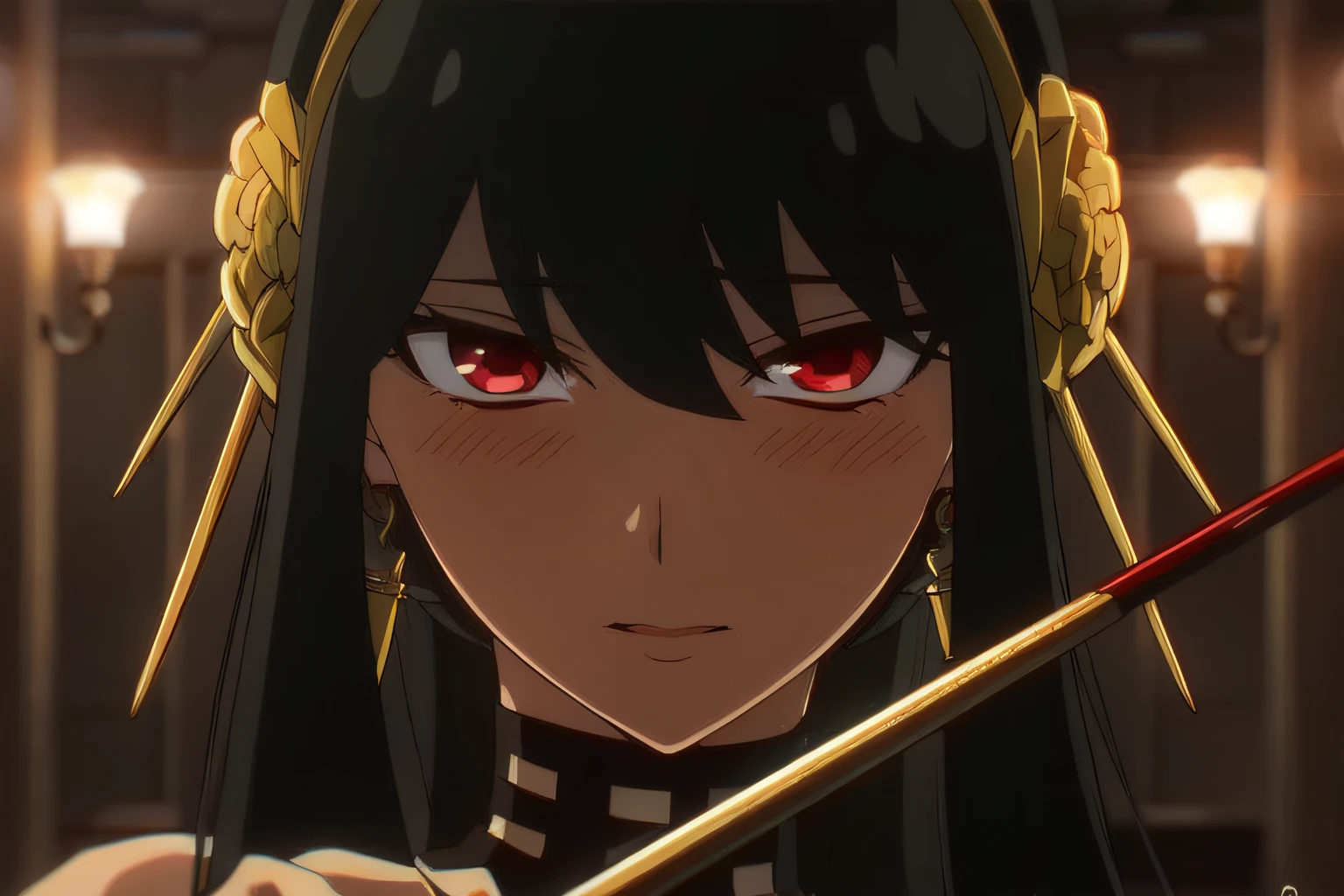 Black hair, red eyes, mouth closed