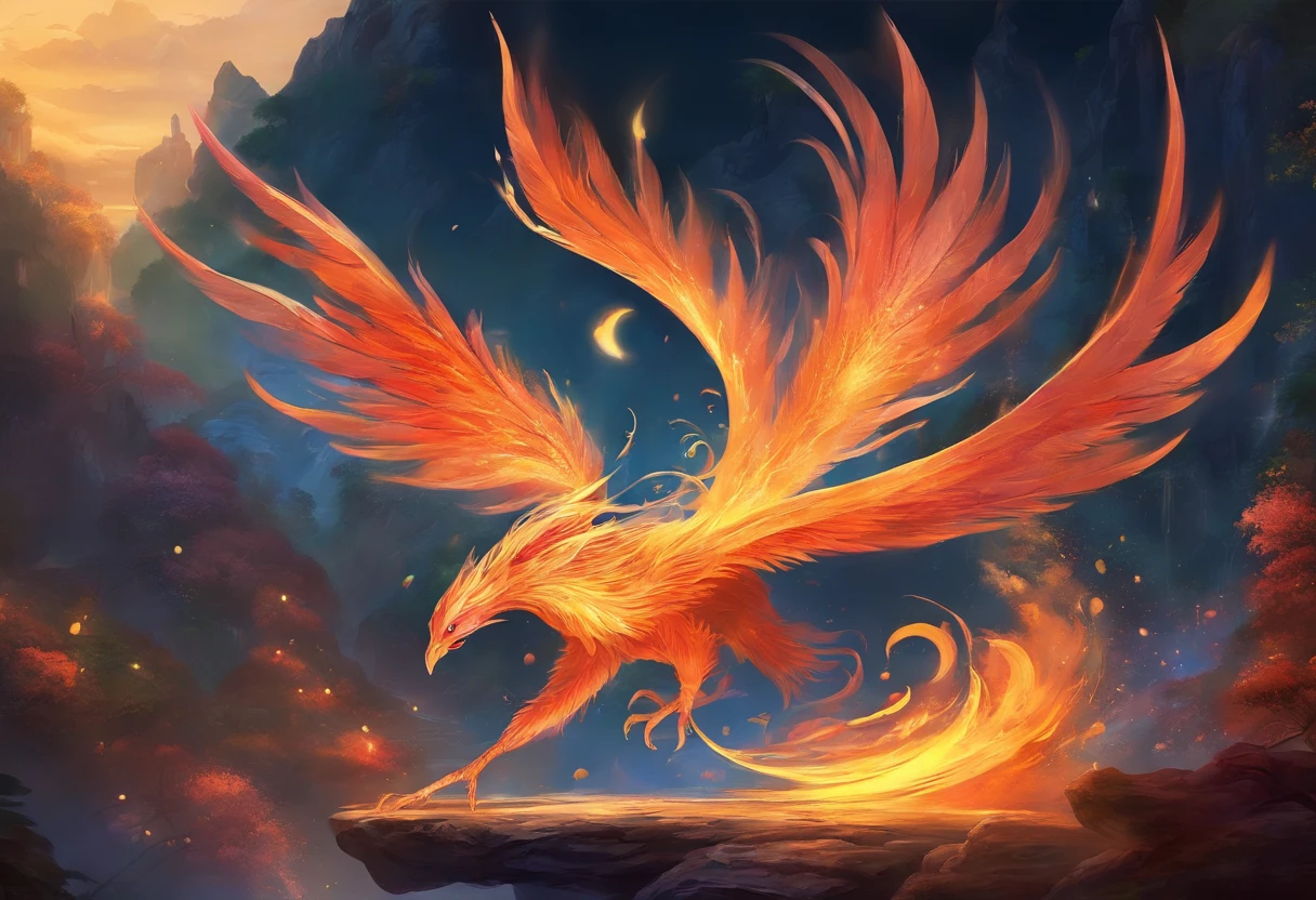 mythological creatures，（（Chinese mythology fire phoenix）），Traditional Chinese elements，Ancient murals，Illustrative myths，Fuyao Legend，Dappled light，Hazy haze，mystical aura，tmasterpiece，k hd，Rich in color，Detailed details，Seven colors